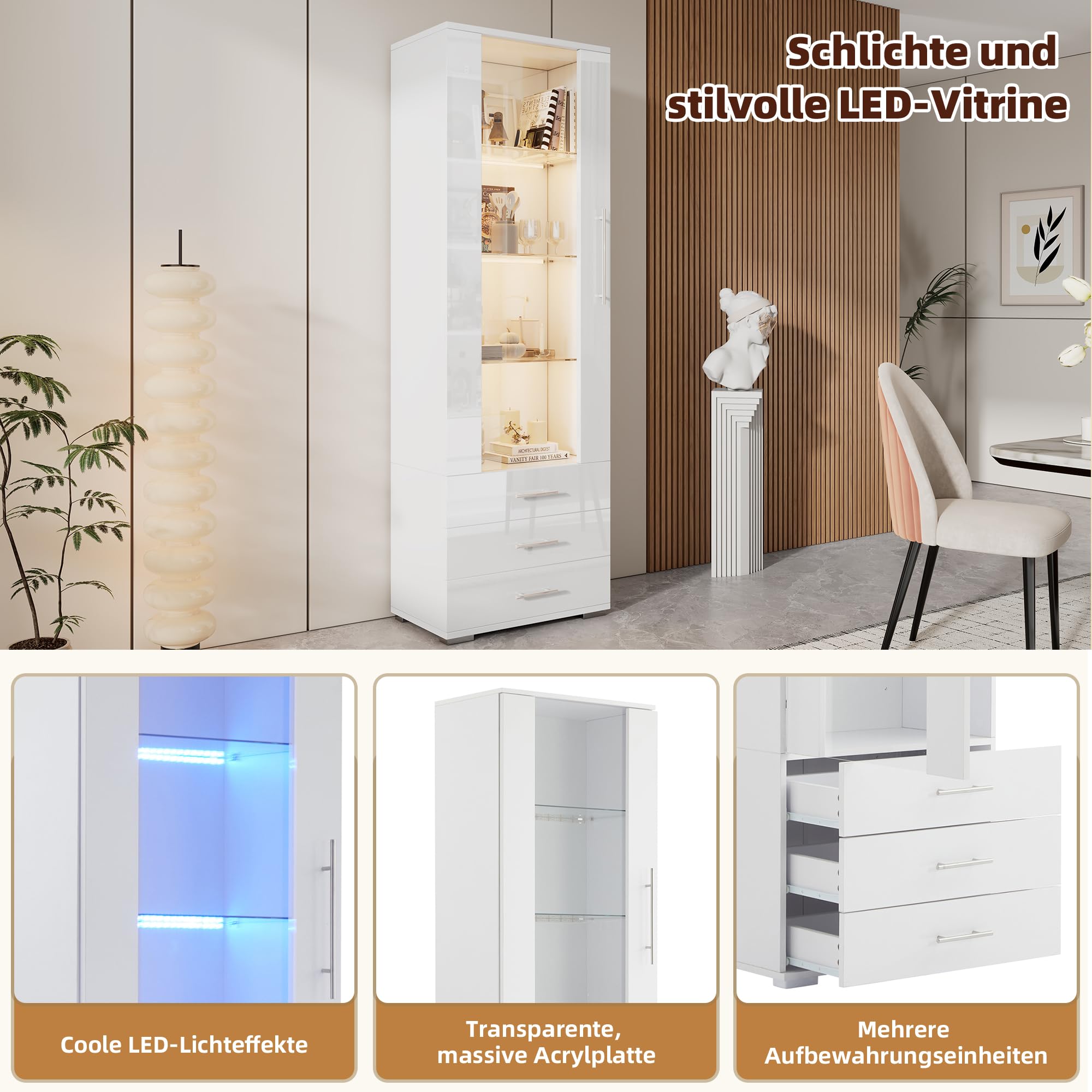 Kebnor Vitrina de cristal brillante, vitrina vertical con 3 cajones, 60 x 35 x 180 cm (blanco)
