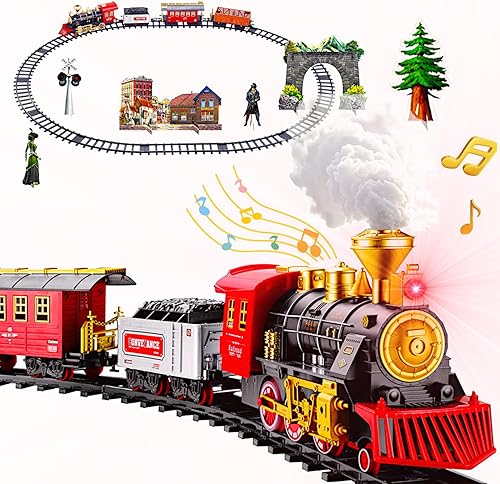 POCO DIVO Juego de tren de vapor retro grande, juguete eléctrico de carril de árbol de Navidad, locomotora de carga tierna de pasajeros, juego de
