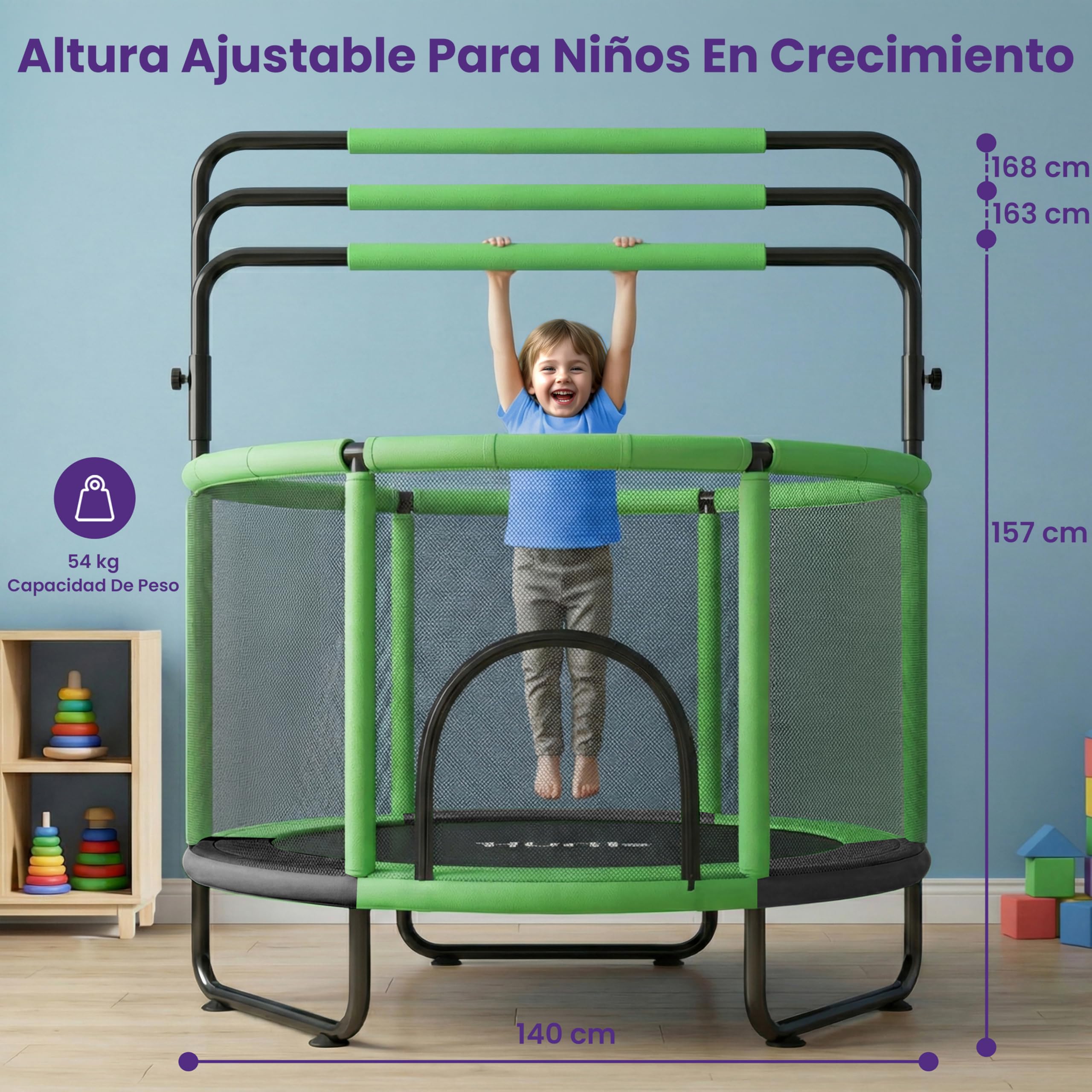 Hurtle Cama Elastica para Niños, Trampolin Infantil con Red de Seguridad, Capacidad de 199.5 kgs, Interior, Exterior, con Barra de Gimnasia Ajustable, Columpio, Saco de Boxeo y Anillos