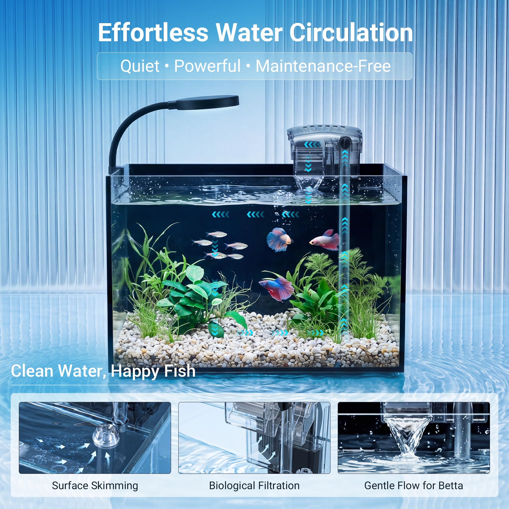 Smart Fish Tank Aquarium Kit: pecera de escritorio ultra transparente de 2.8 galones con luz LED y filtro, incluye piedra de paisaje, juego completo para peces pequeños, camarones o betta, negro