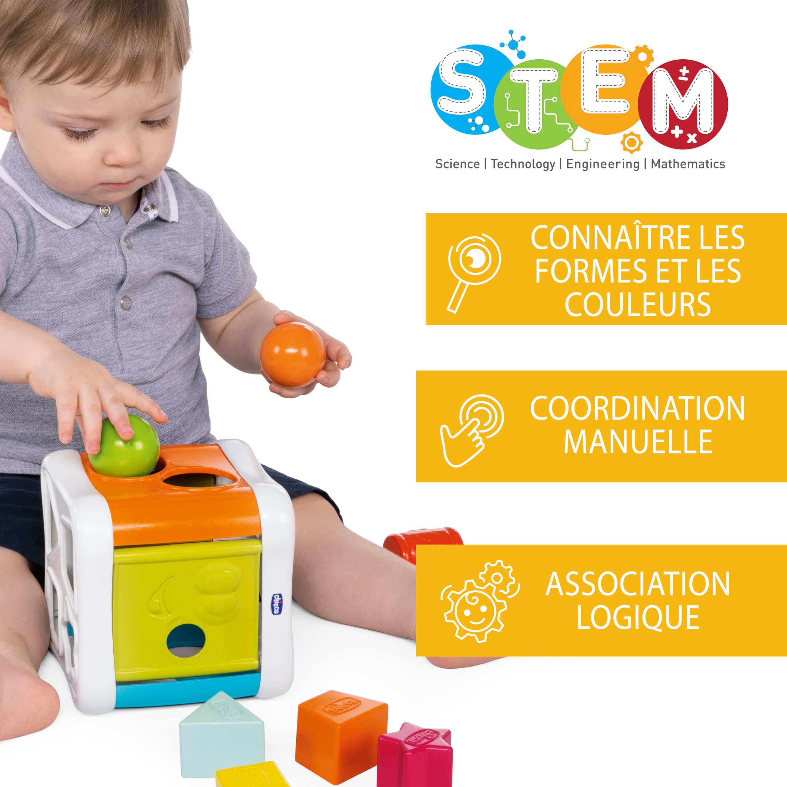 Chicco Przebijanka i Sorter 2w1, Gra Edukacyjna dla dzieci 10 miesięcy, 3 lata, z 4 Geometrycznymi Kształtami, 2 Kulami i Zabawkowym Młotkiem, Wielofunkcyjna
