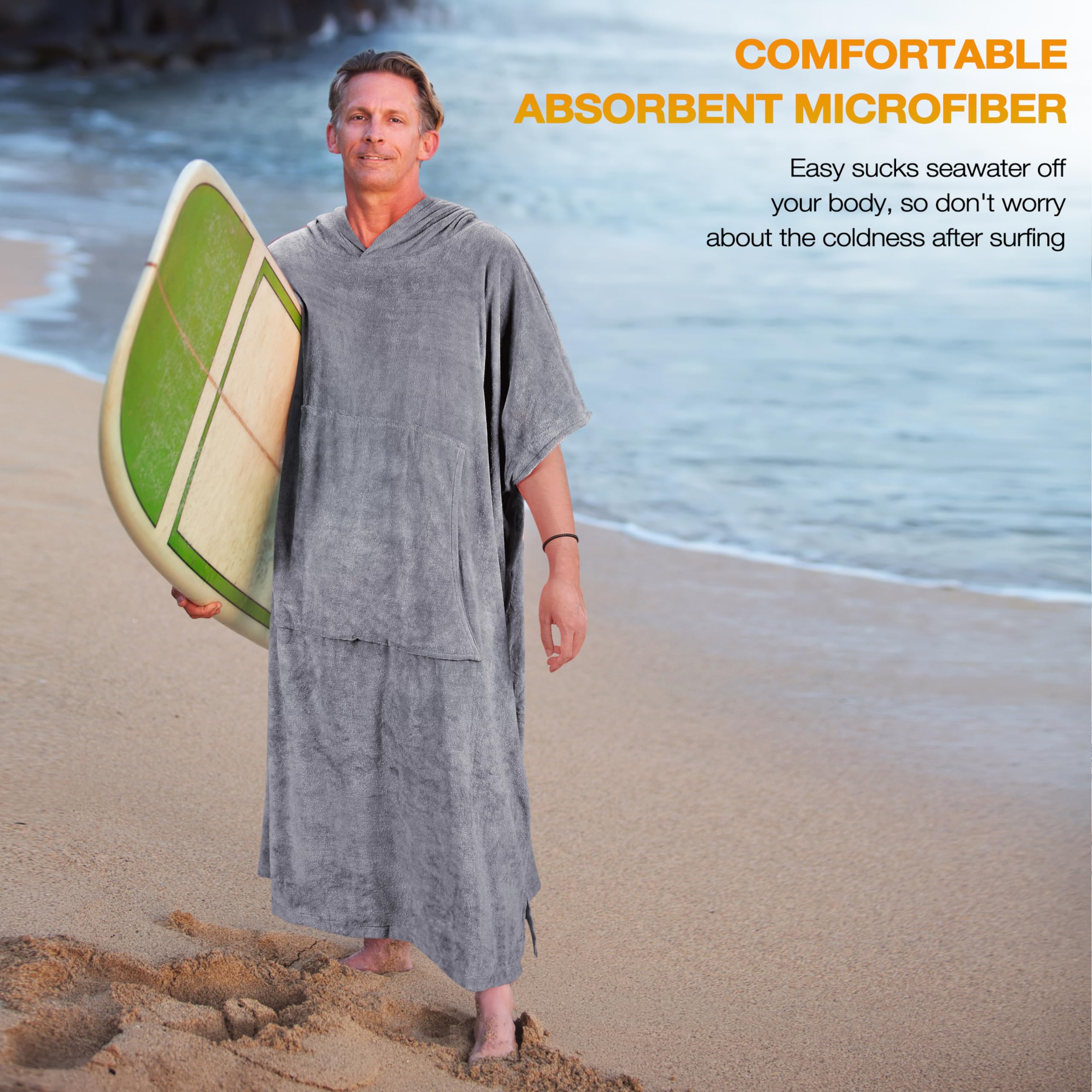 Kato Tirrinia Surf Poncho con borsa, Poncho da bagno in microfibra per donne e uomini, Poncho da spiaggia con cappuccio e asciugamano assorbente per il nuoto e gli sport acquatici della sauna, grigio