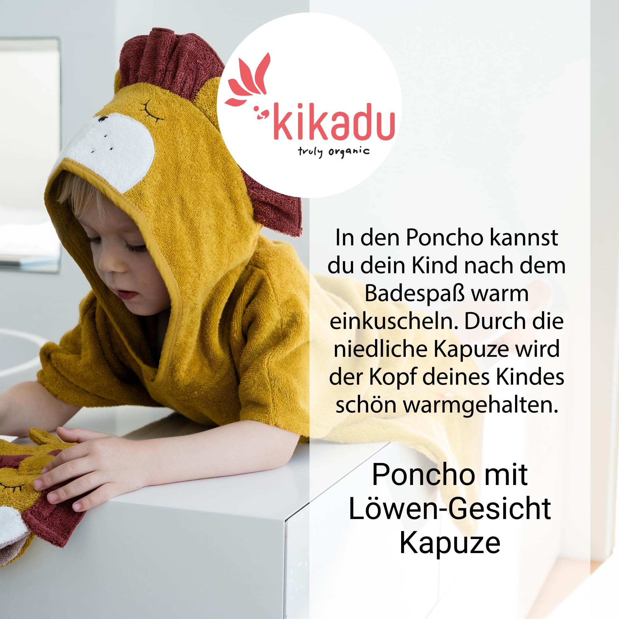 kikadu Poncho Löwe - Kinderhandtuch mit Tiergesicht aus 100% GOTS-zertifizierter Bio-Baumwolle