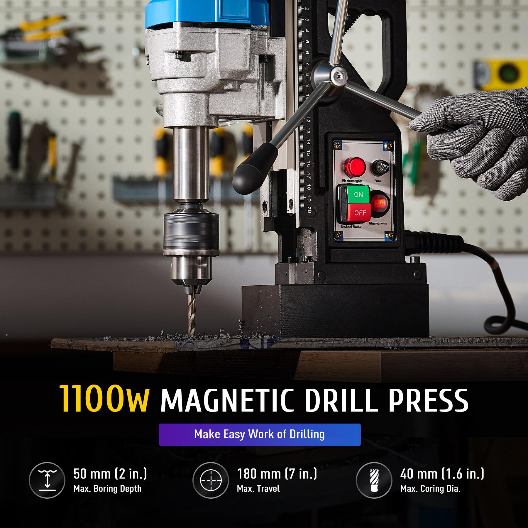 ZELCAN 1100W Trapano Magnetico Carotatrice Magnetica Portatile 12000 N Trapano Colonna Base Magnetico Elettrico Fino a 40 mm, Profondità Massima 50 mm per Uso Industriale o Domestico