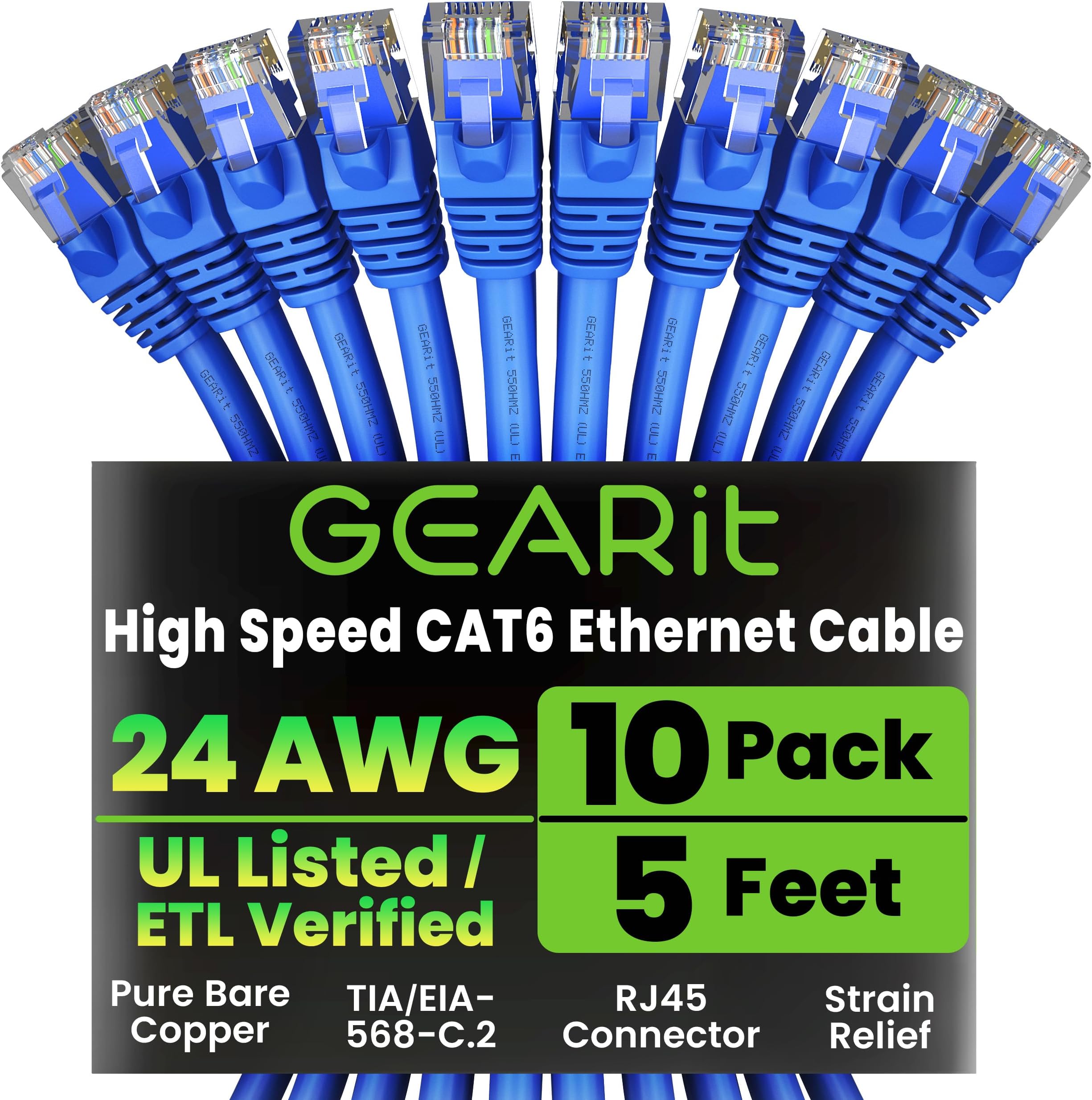 GEARit Cat 6 Ethernet Patch Cable 5 ft Blue (10 Pack) - Cat6 Patch Cables 5ft Blue/Ethernet Patch Cable, 10Gbps 550MHz 24AWG Pure Copper, Snagless, Gold Plated RJ45 for Router, Server, Router, PC