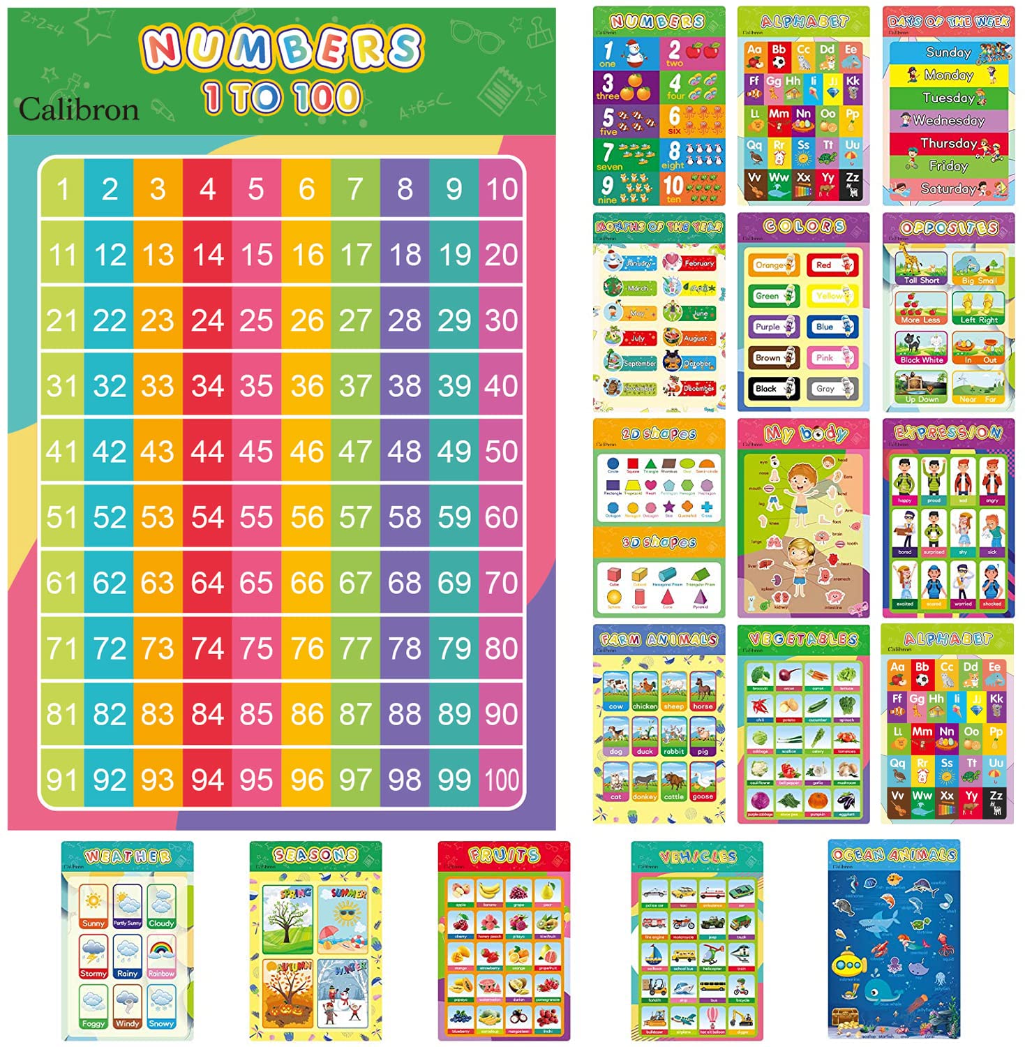 Calibron 17 Educational Preschool Posters for Toddler, Learning Charts for Preschool Paminated, Pre K Learning Materials, Kindergarten Wall Charts, ABC Chart Posters for 1st Grade, Large 16" x 11"