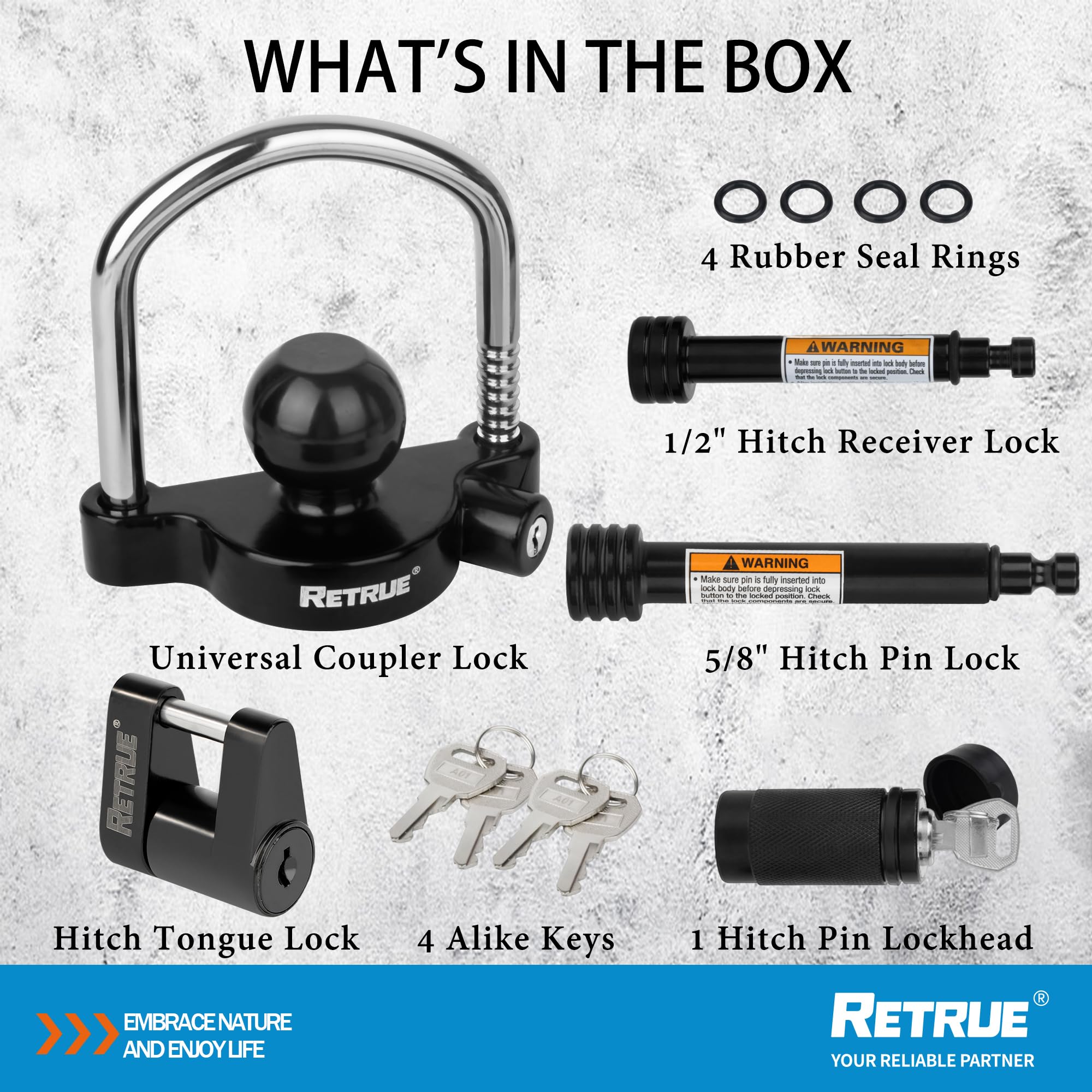 RETRUE Keyed Alike Trailer Lock Set Tow & Store Lock Kit Include Universal Coupler Lock & Dual Hitch Receiver Pin Lock & Trailer Tongue Coupler Lock All Black Set
