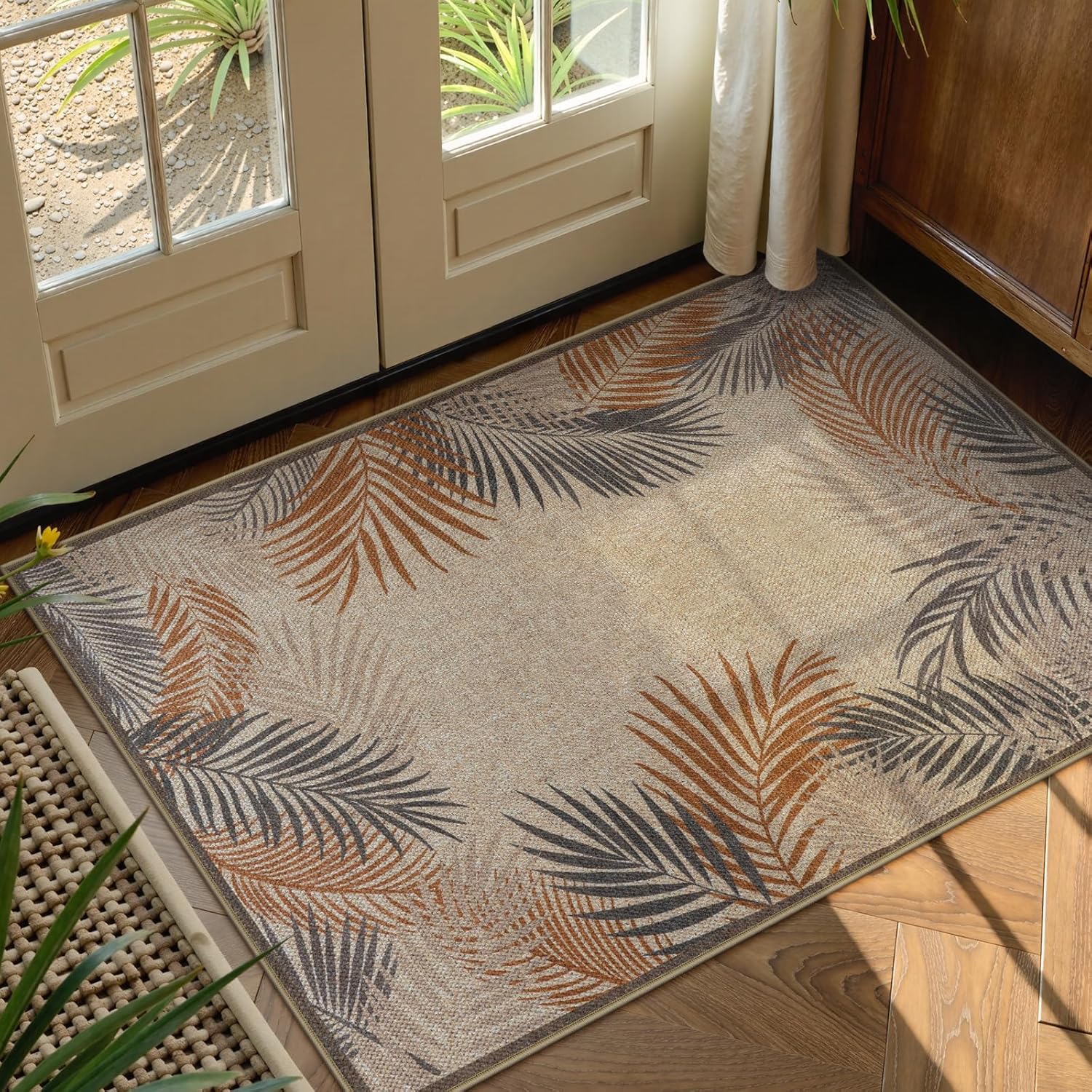 LIVEBOX Easy Jute 28''x43'' Front Porch Rug, Outdoor Non Slip Washable Kitchen Rug Modern Tropical Leaf Area Rugs Floor Hello Welcome Door Mat Carpet for Entryway Doorway(Beige 28''x43'')