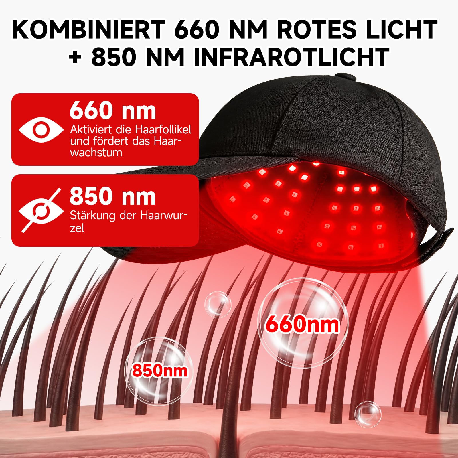 Rotlicht Haarwachstumskappe, 660nm+850nm Rotlicht Haare, Haarwuchskappe Einstellbare Größe, 7 Modi, Abnehmbarem Rotlicht Panel, Hair Growth Cap für Männer/Frauen