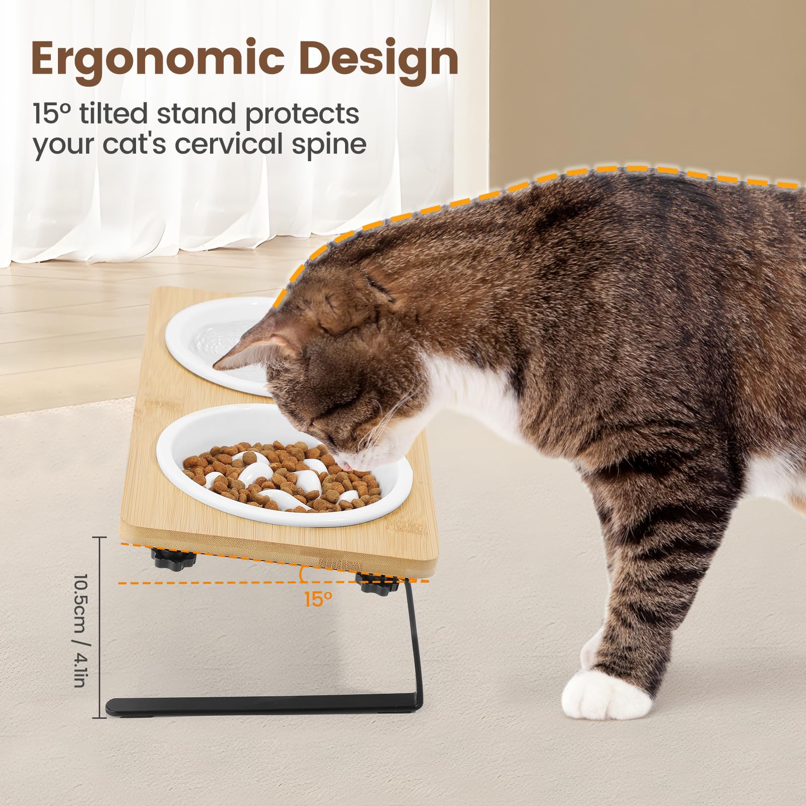 PETTOM Slow Feeder Cat Bowl Ceramic Set including Bamboo Stand, Raised Cat Bowls 15°Tilted - Image 3