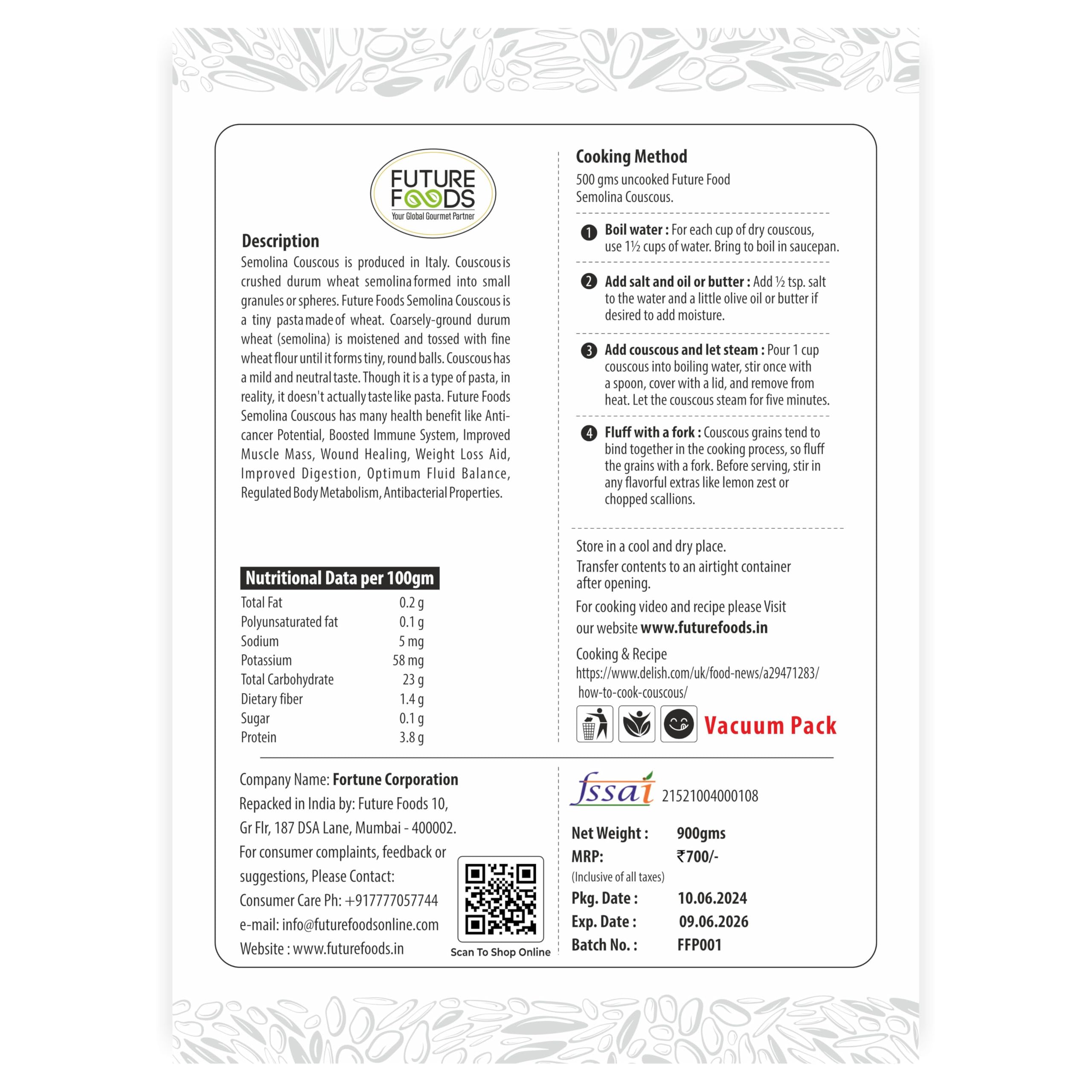 Future Foods Semolina Couscous 900g (Pack of 2)| Mild and Neutral Taste | Light and Fluffy Texture | Good Fiber Source | with Multiple Health Benefits | Helps Lower Cholesterol - Image 2 thumbnail