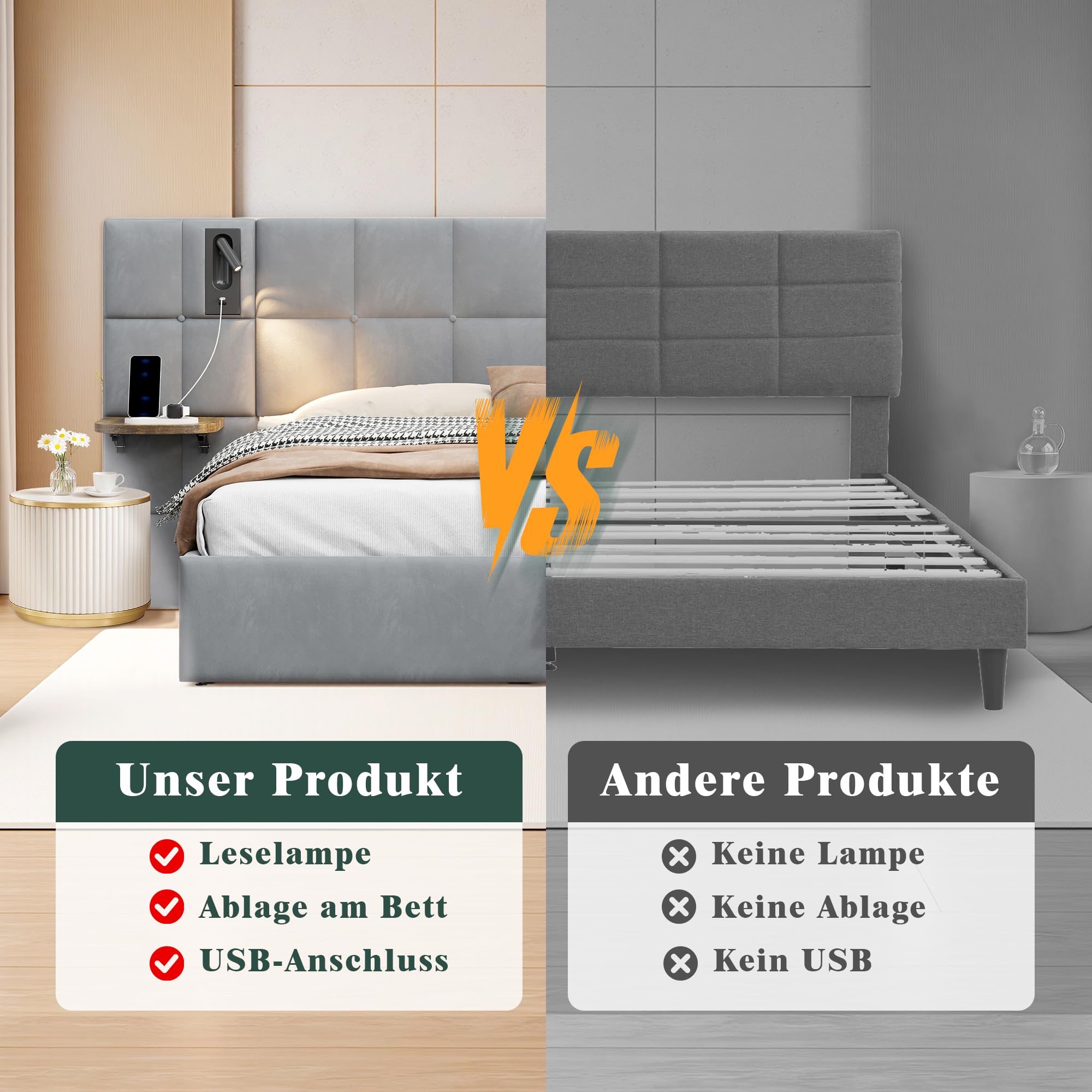 LUXOAK Polsterbett mit Stauraum, Gasdruckfeder, Grau | Bettkasten mit Gasfedern | Leselampen, USB-A/C + Klappablage | stabiler Rahmen bis 454kg Tragkraft