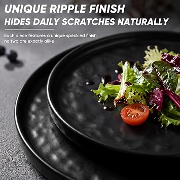 E-far Black Plates and Bowls Sets, 12-Piece Stoneware Dinnerware Set for 4