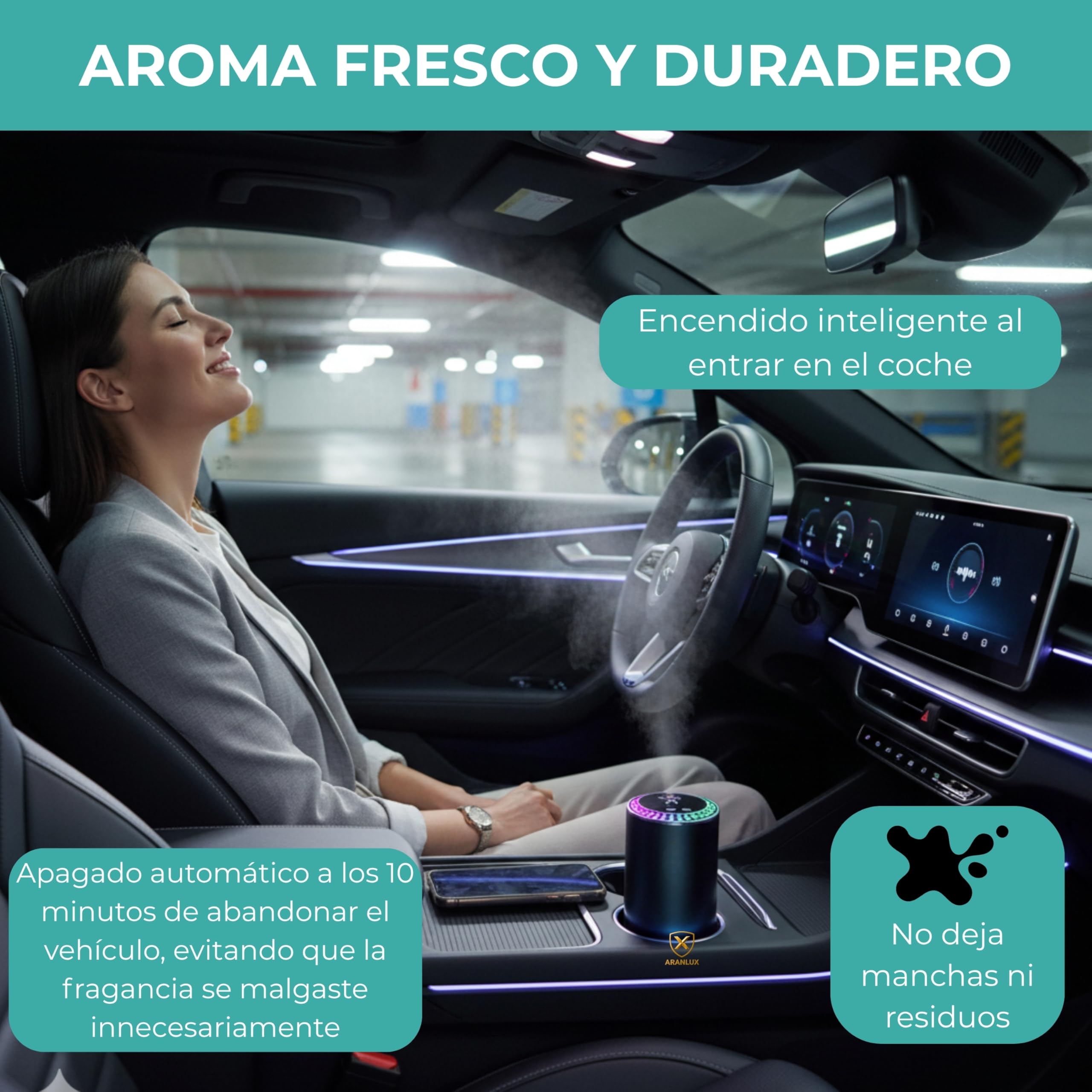 Ambientador de coche eléctrico 50ml - XL Larga duracion, intensidad regulable e ideal para viajes diarios, vacaciones y vehículos profesionales - Ambientador Inteligente para coche(Colonia)