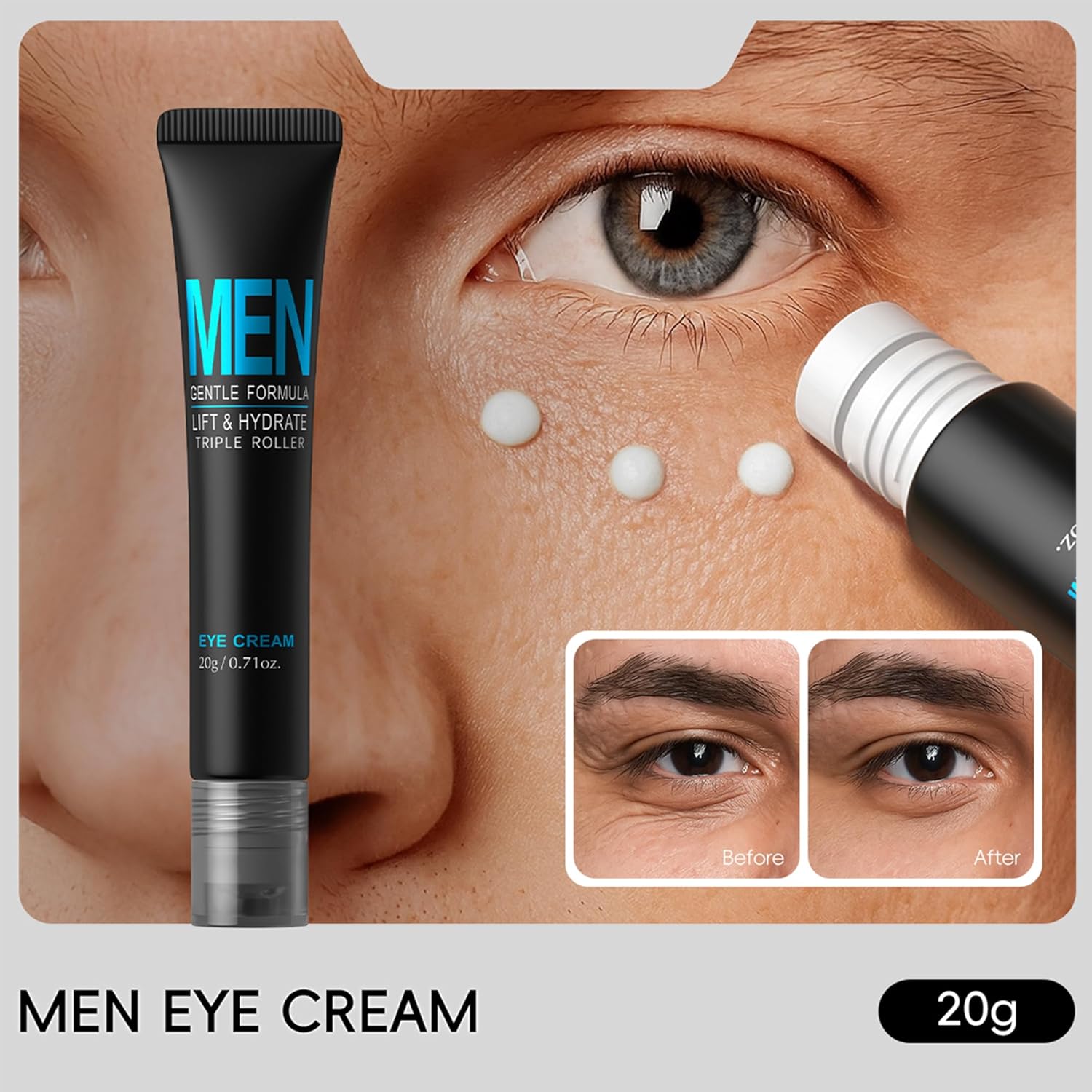 Men Eye Cream, Men's Under Eye Cream For Puffy Eyes & Dark Circles Treatment, Hydrating Triple-Roller Massage Designed, Firming, Soften Fine Lines, Cooling Stick For Puffiness Reducer 0.71oz.