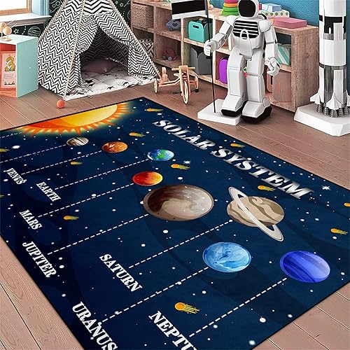 Alfombras espaciales moradas educativas de gran tamaño con sistema solar, alfombras para niños, para dormitorio, sala de estar, dormitorio, comedor,