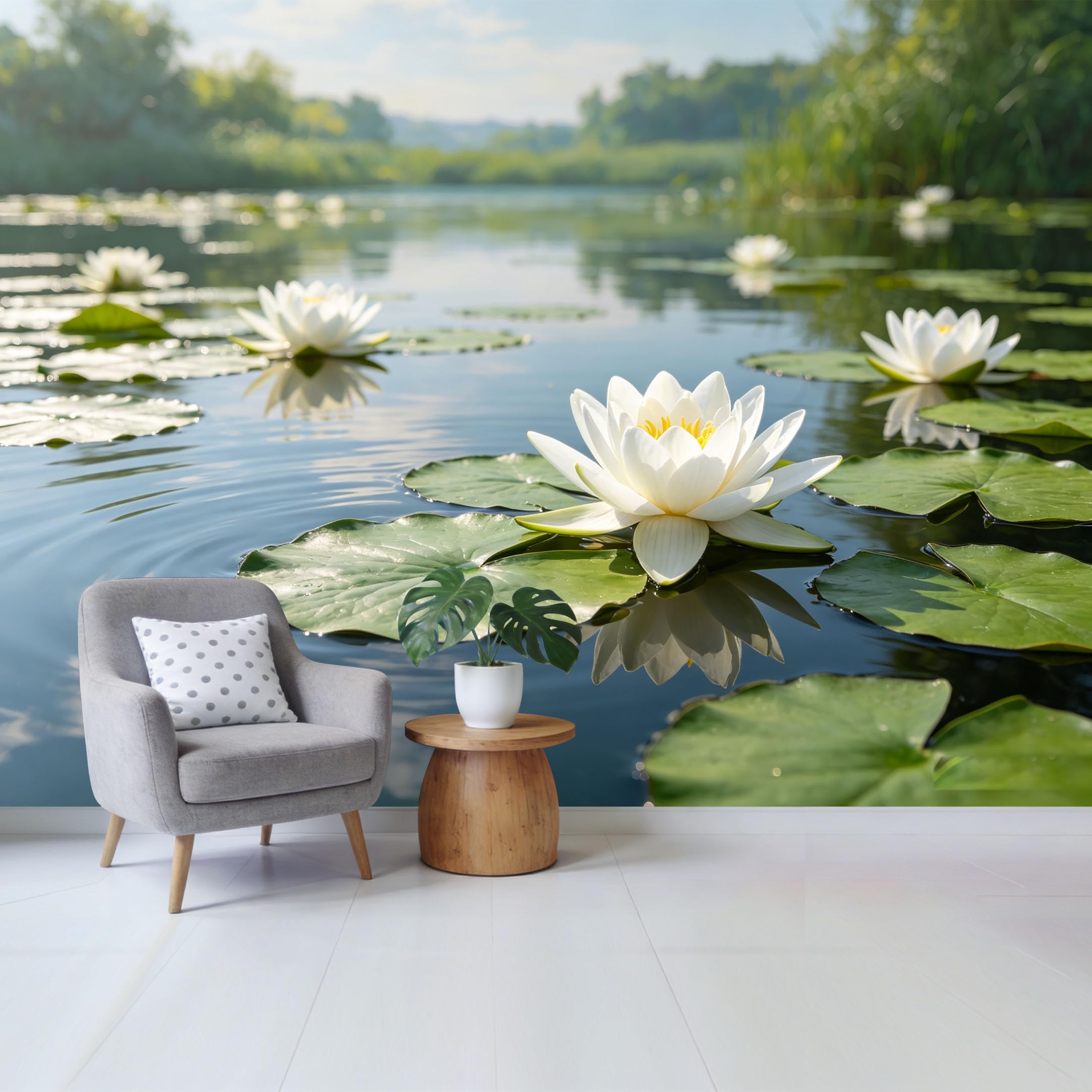 Qzlithotic Yq2605250766 Custom Size Wall Mural Serene White Water Lily Pond Landscape Botanical Selfadhesive Wall Fabric Removable Wallpaper For Home Office Decor