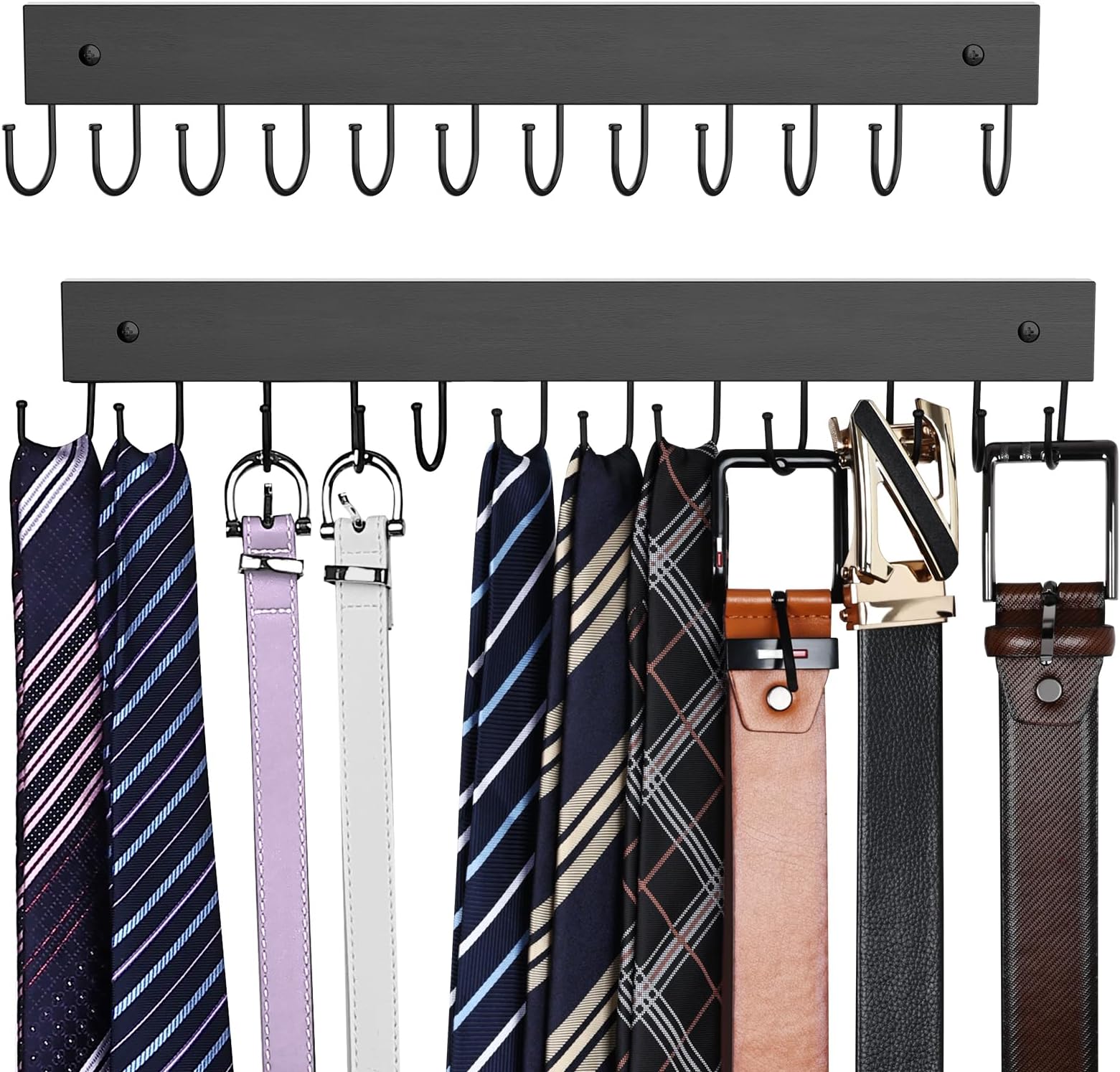 Belt Hanger Wall Mounted, Wooden Belt Organizer 2 Pack Max 24 Storage Capacity, 180° Rotating Space Saving Hangers for Ties, Tank Tops, Scarves, Bras, Keys, Bags Halloween Black