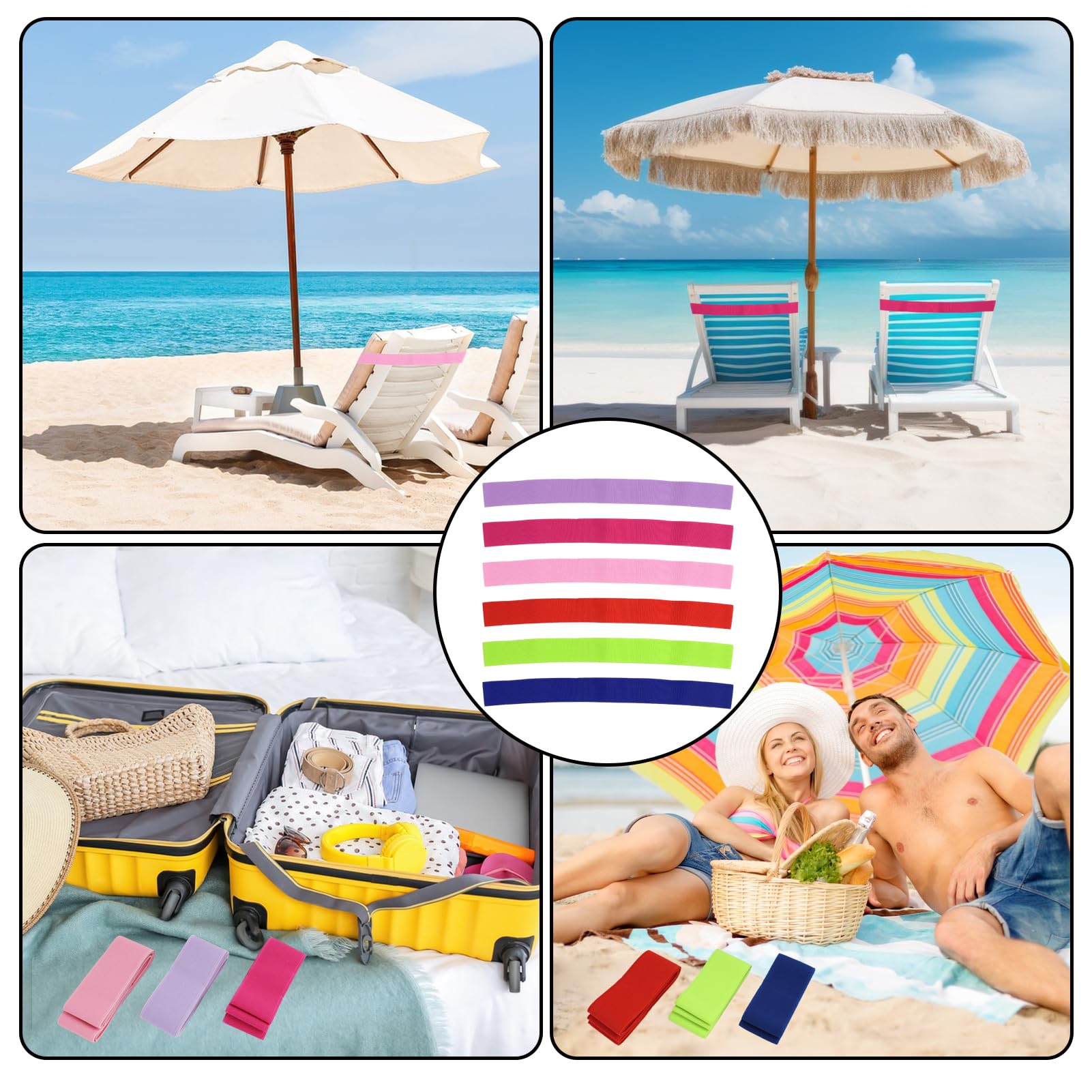 Paquete de 6 bandas de toalla para crucero, playa, tumbona, piscina, sillas de piscina, clips de toalla elásticos extra duraderos, sin broches, accesorios esenciales para cruceros y playa