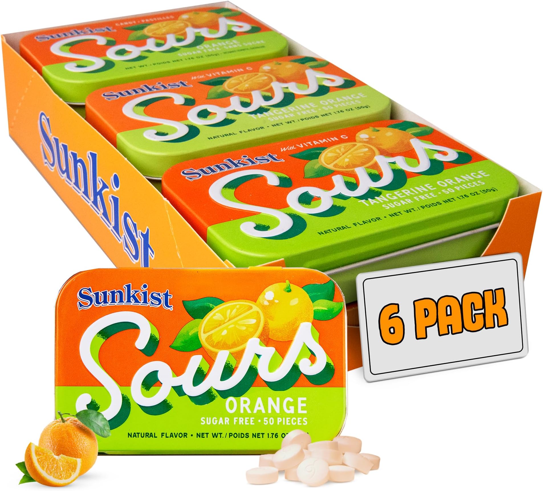 Sunkist Sours Tangerine Orange Candy 50 Count Tin (Pack of 6) - Sugar Free, Natural Fruit Flavor, 100% of Daily Vitamin C | Kosher Certified, Vegan, Gluten Free | Aspartame & Xylitol Free