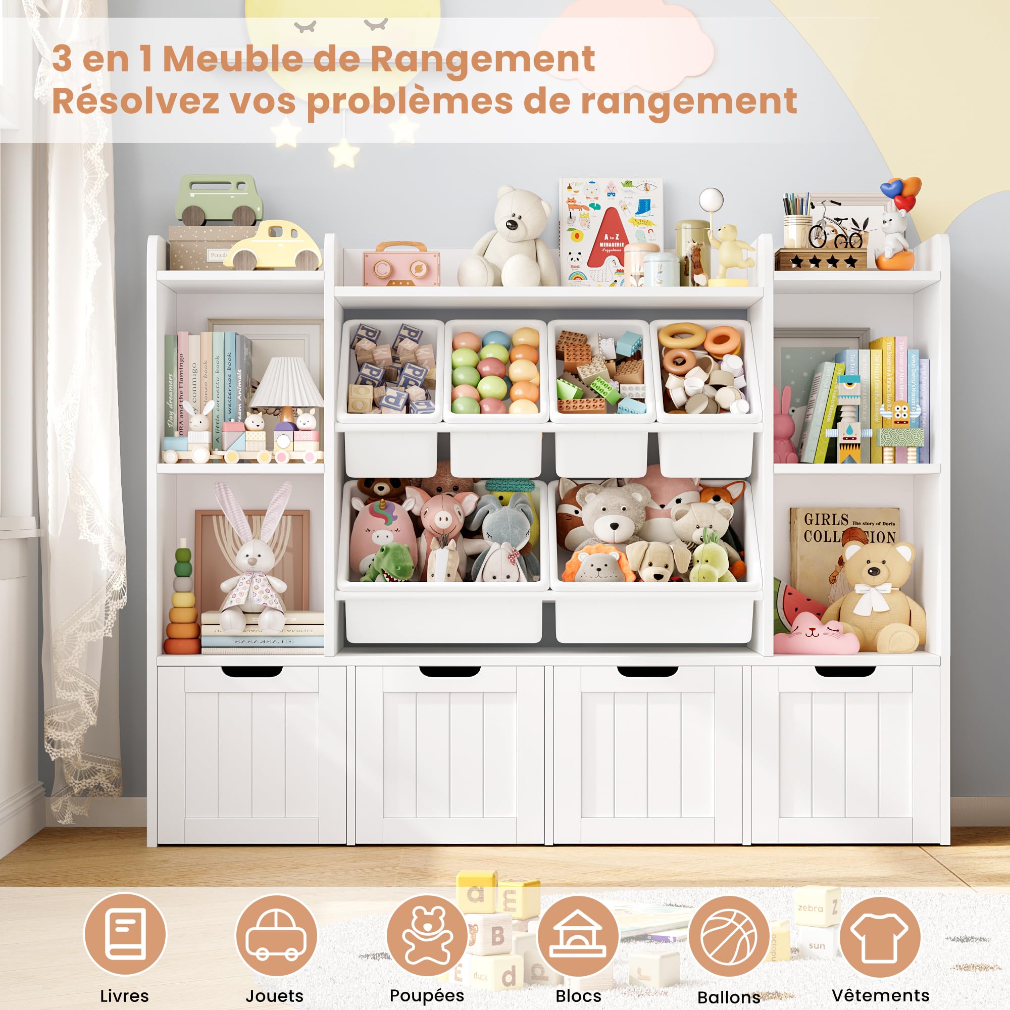 FOREHILL 140cm Meuble Rangement Enfant Bibliothèque Enfant avec 7 Étagères 6 Boîtes Amovibles 4 Tiroirs Roulants Rangement Jouet pour Chambre d’Enfants Salle de Jeu 140x30x106cm Blanc