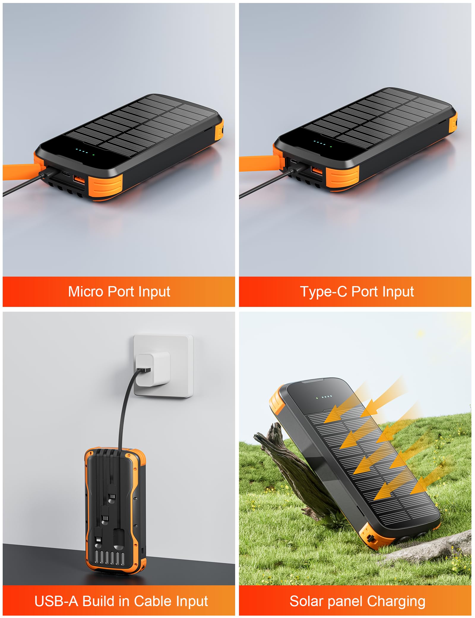 MINRISE Solar Power Bank 40000mAh, Tragbares Ladegerät PD 20W Schnellladegerät Solar Ladegerät Power Bank Eingebaute 4 Kabel und USB-C in/Ausgang, Camping Essentials Externer Akku Pack mit