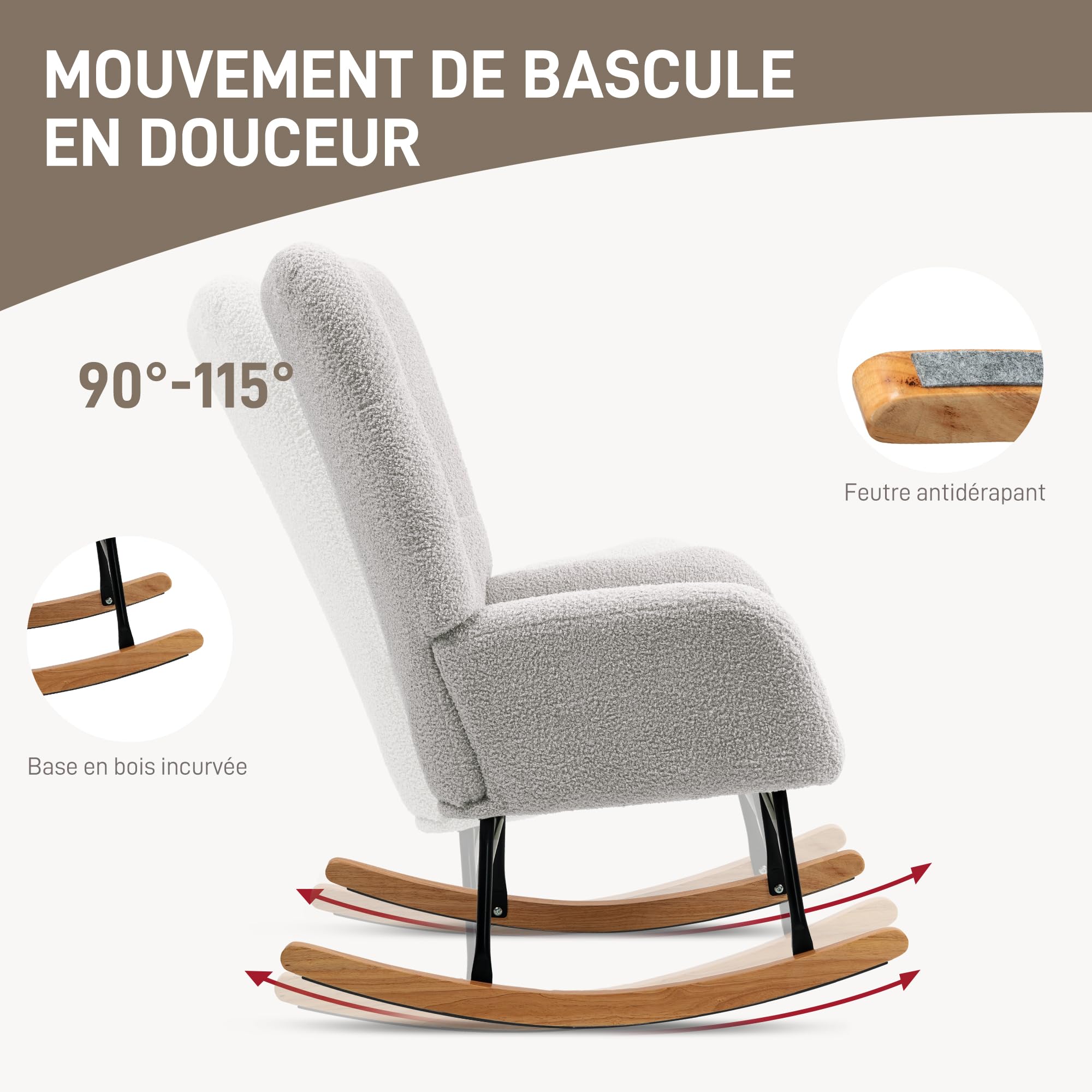 HOMCOM Fotel bujany do karmienia piersią, nowoczesny fotel bujany, z efektem wełny, z nogami z litego drewna kauczukowego, fotel bujany, do sypialni, salonu, 70 x 94 x 100 cm, szary