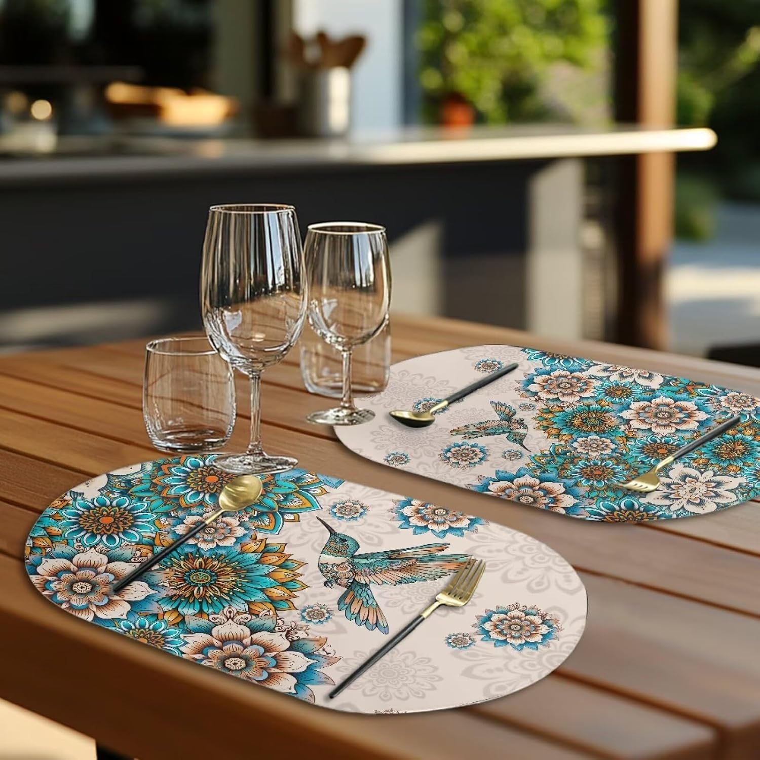 Boho Mandala Hummingbird Print Oval TableMats, Wipeable Placemats Washable Dining Table Mats Oil-Proof Stains Kitchen Table Mats PU Leather Plate Mats Set of 4