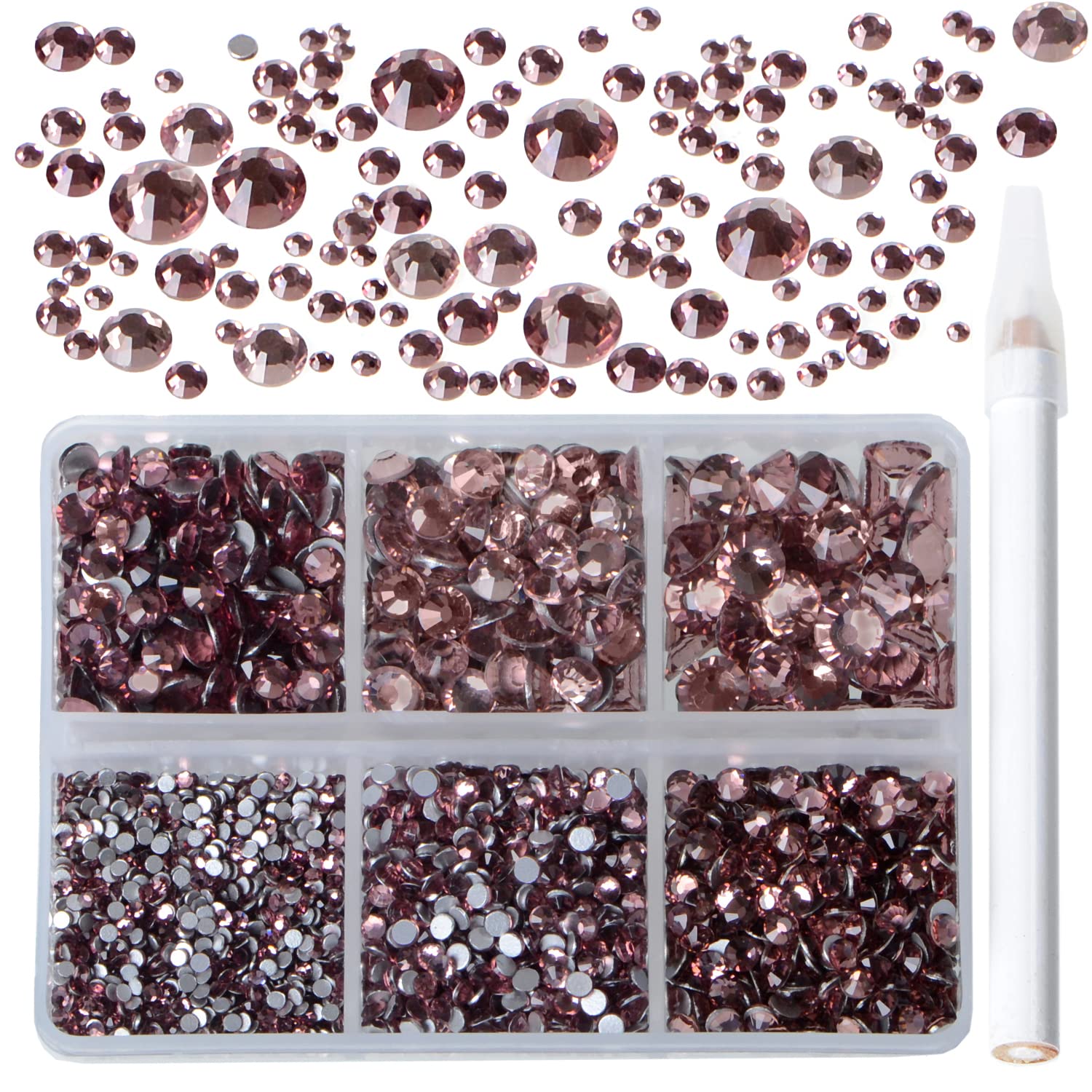 Bymitel 5000 Pieces 6 Mixed Sizes Glue Fix on Glass Rhinestones Round Crystal Gems Flatback for DIY Jewelry Making with one Picking Pen(6-Sizes 5000PCS, Lt. Amethyst)