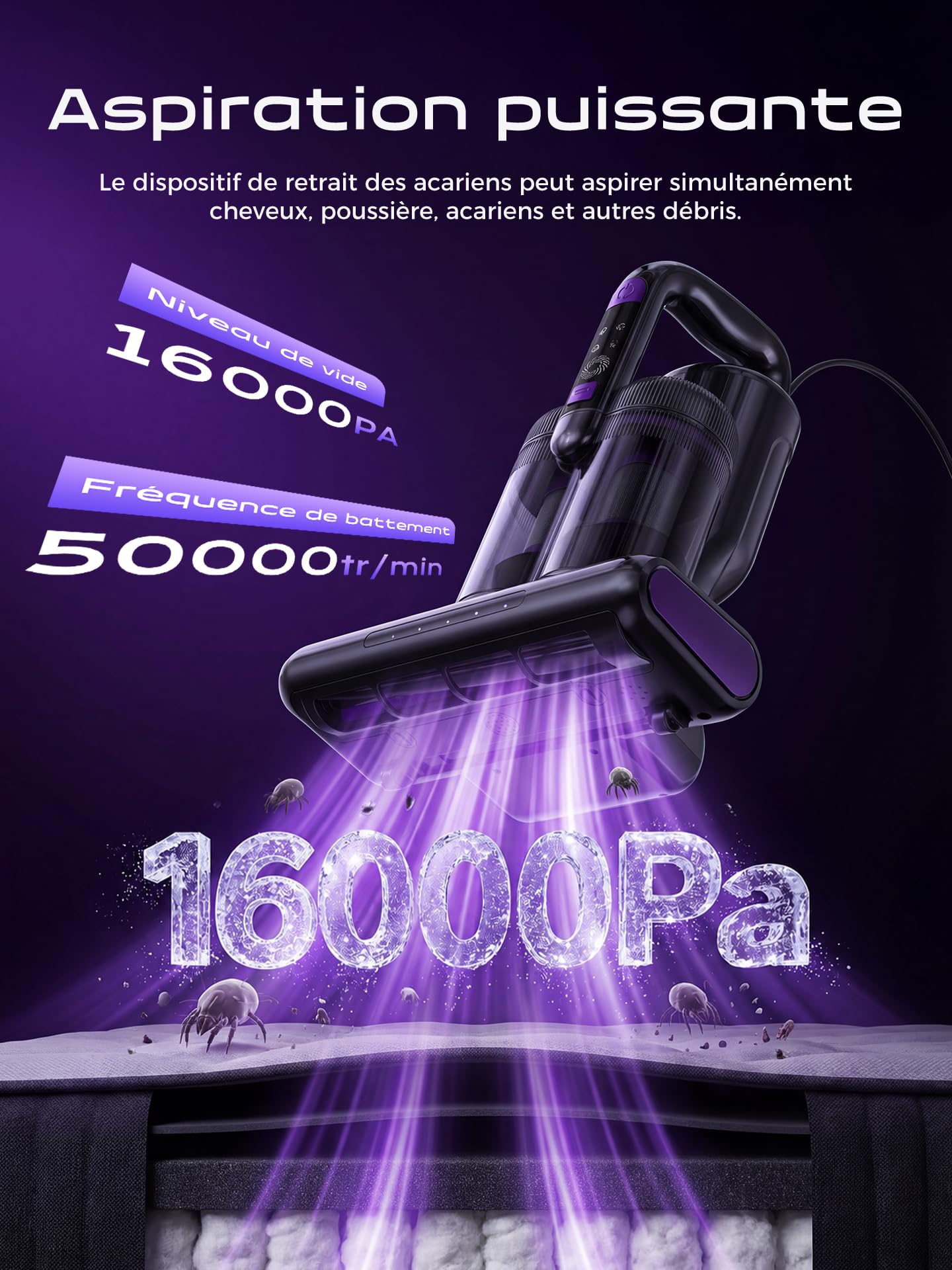 Aspirateur Matelas Aspirateur Anti Acariens 16000Pa, Aspirateur à Main avec Lumière UV-C,Air Chaud,Ultrasons&Filtre HEPA pour Matelas, Lit, Canapé, Tapis,Coussins,Idéal pour Allergiques,Câble 4 Mètres
