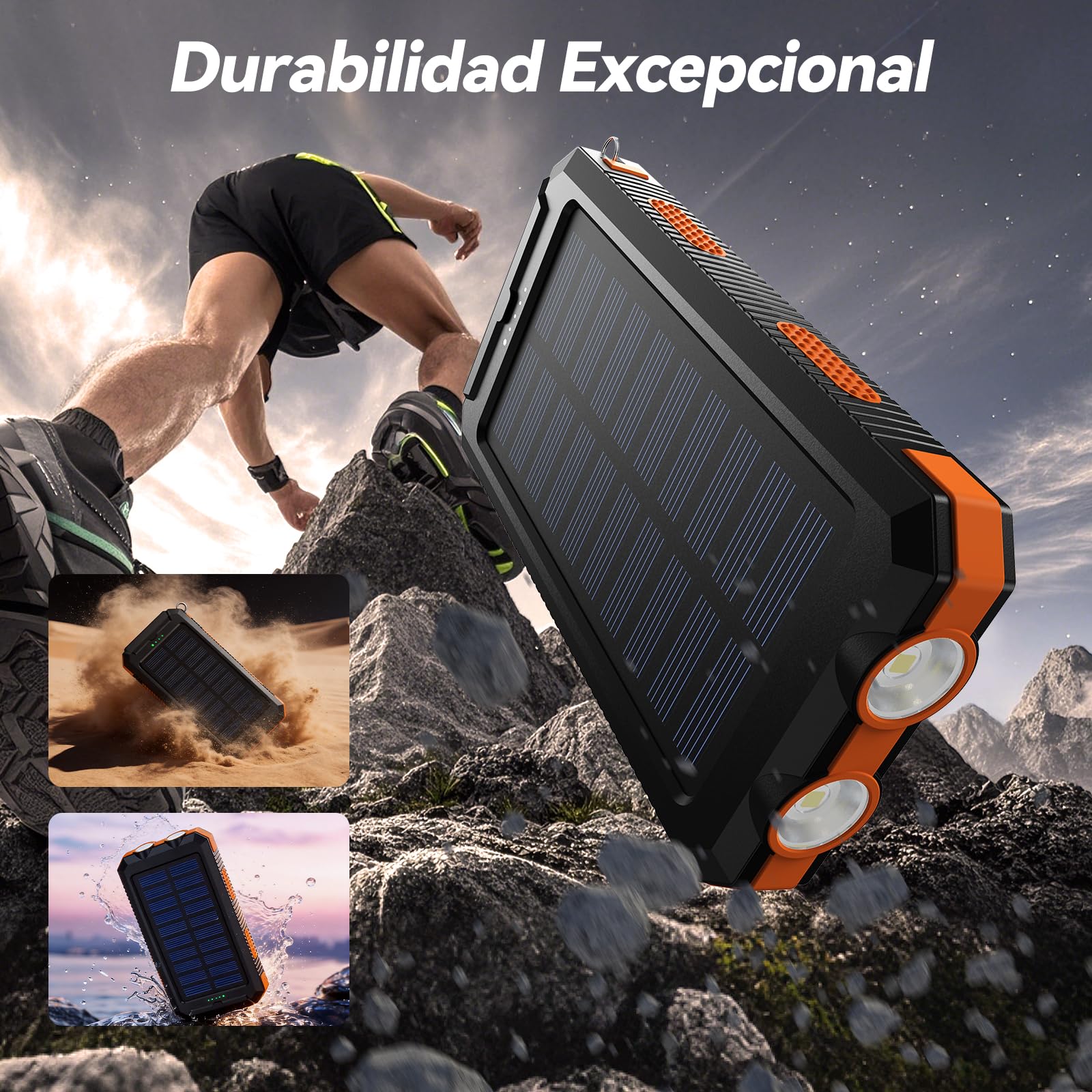 Vikeri Cargador Solar de 26800 mAh, Power Bank Solar Impermeable, Puerto USB-C de Carga Rápida, 4 Salidas, Compatible con Smartphones, Tablets, etc. (Naranja)