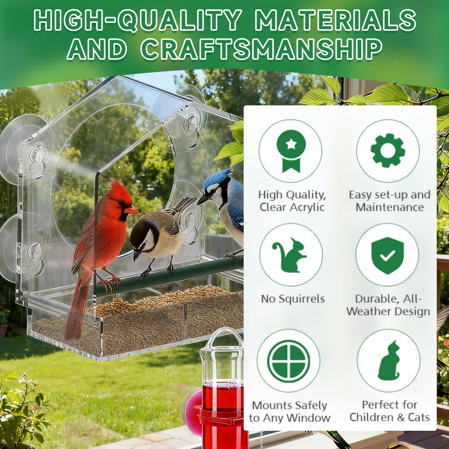 Window Bird Feeders (Large & Small) Plus Hummingbird Waterers（3-Piece Set） Lure Various Birds, Offer Easy Food & Water Access. Extra-Strong Suction Cups, Easy to Mount, Perfect for Outdoor Use.