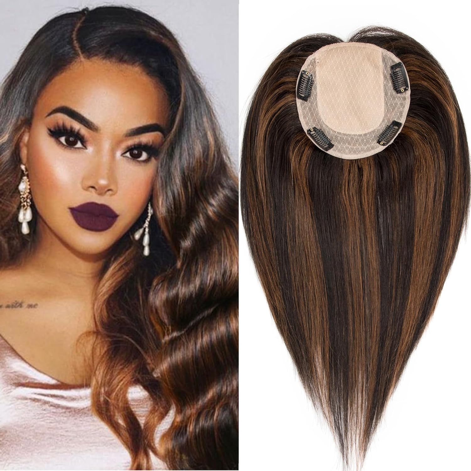 Hair Toppers for Women Real Human Hair 14 inch Straight Human Hair Toppers with No Bangs 13X13 cm Skin Scalp Base for Thinning Hair Top Hair Pieces Remy Hair Topper (P1B/4#, 14 Inch)