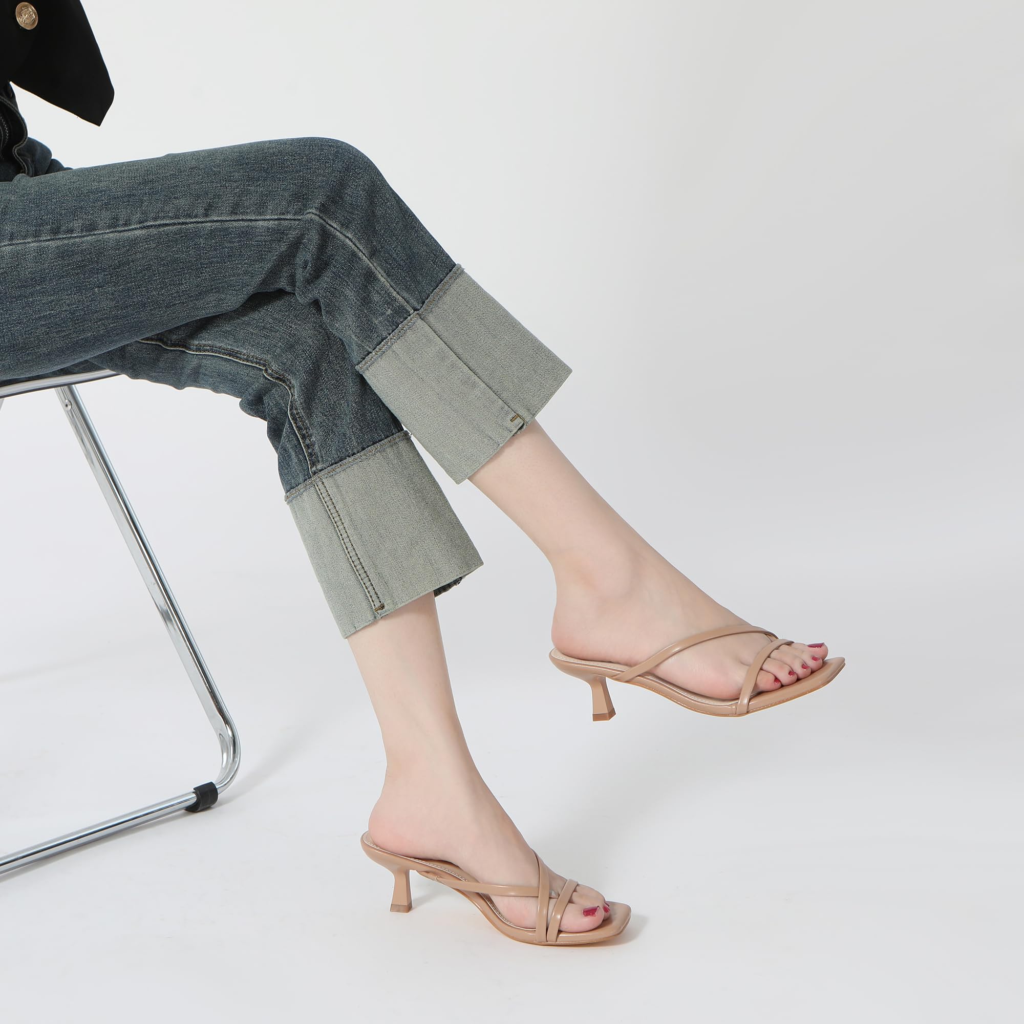 Sandali da donna con tacco a gattino, punta aperta, infradito, tacco basso, slip on, infradito con tacco