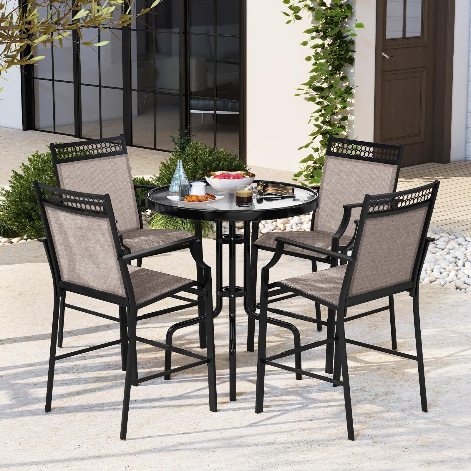 KOMFOTTEU Juego de 2 Sillas de Jardín, Silla Alta de Tela con Marco de Metal, Taburete de Bar con Respaldo y Reposabrazos, Silla de Comedor con Carga 180 kg para Terraza, 66 x 62 x 114 cm (Café)