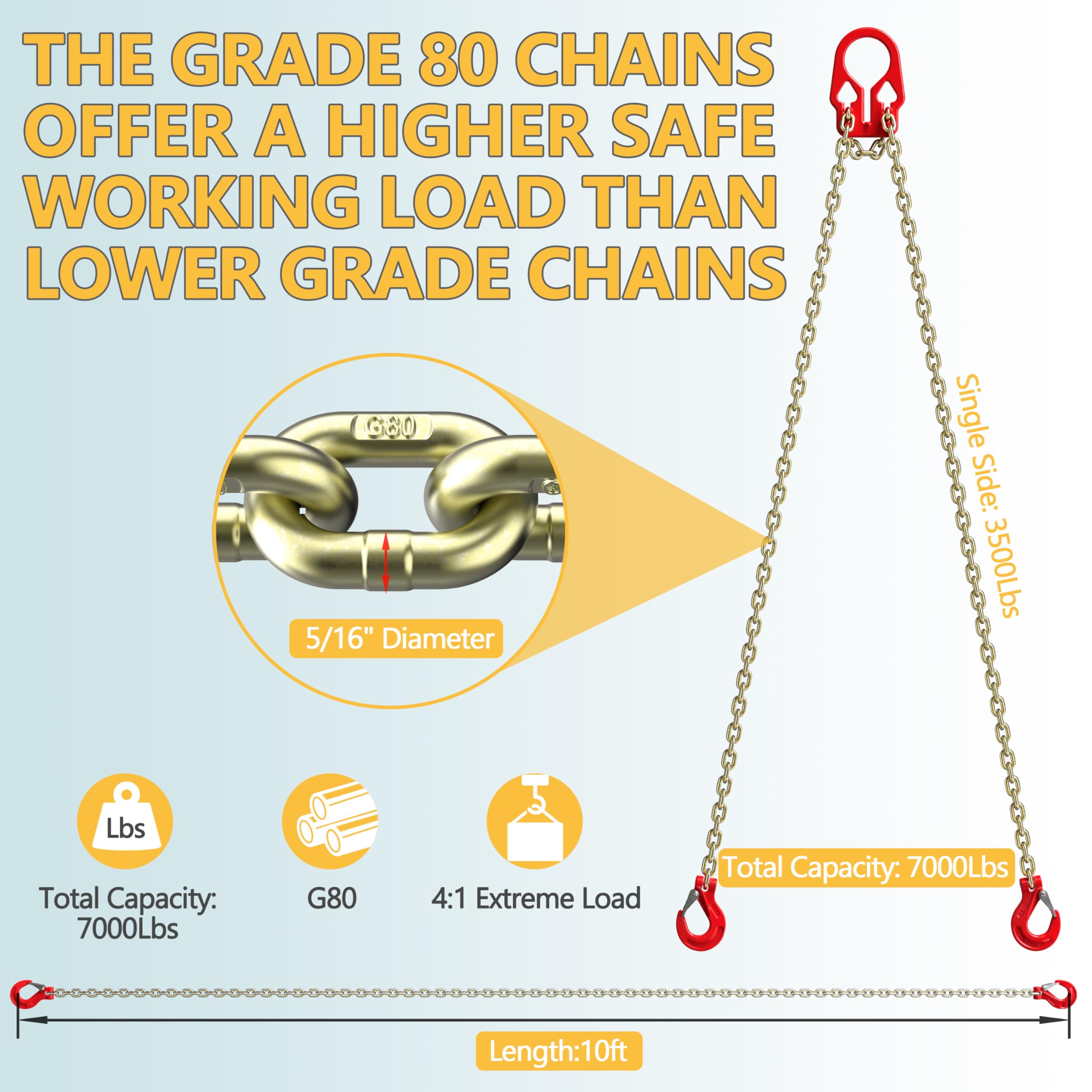Heavy Duty Lifting Chains - 10ft, 7000lb Capacity -3 Heavy Duty Lifting Chains - 10ft, 7000lb Capacity -3