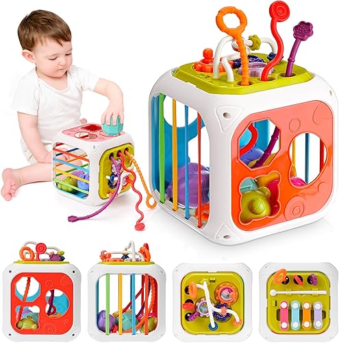 Juguetes educativos de aprendizaje para bebés, cubo de actividades Montessori 7 en 1 para bebés de más de 18 meses, clasificador de formas