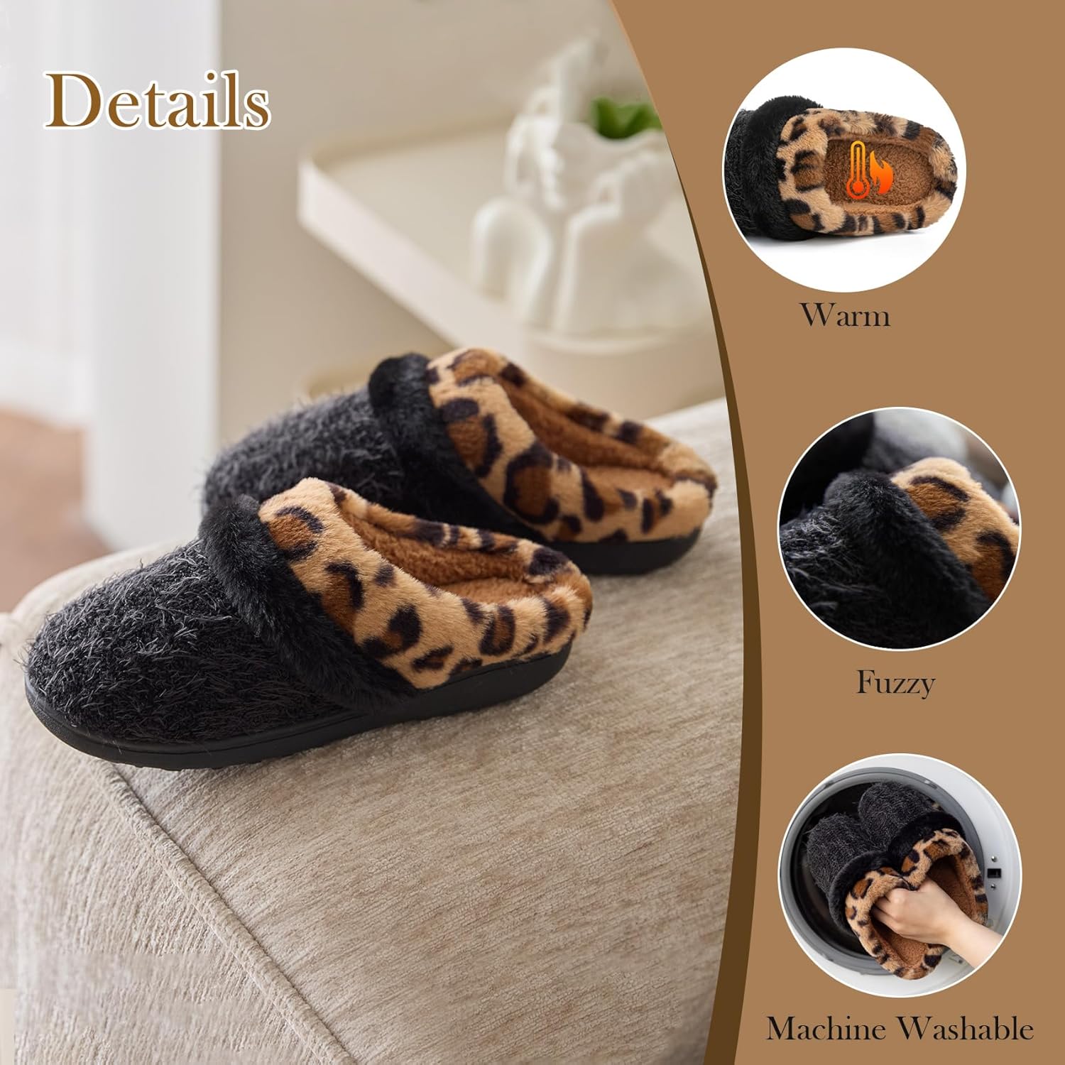 Fuzzy Slippers for Women Indoor and Outdoor Plush with Memory Foam Anti-Skid Sole Cozy House Slipper Soft Bedroom Shoes Slip On Gifts for Women Mom Her Ladies Black Leopard 7-8 Women/5-6 Men image 4 of 6 B0F5PZL7L6