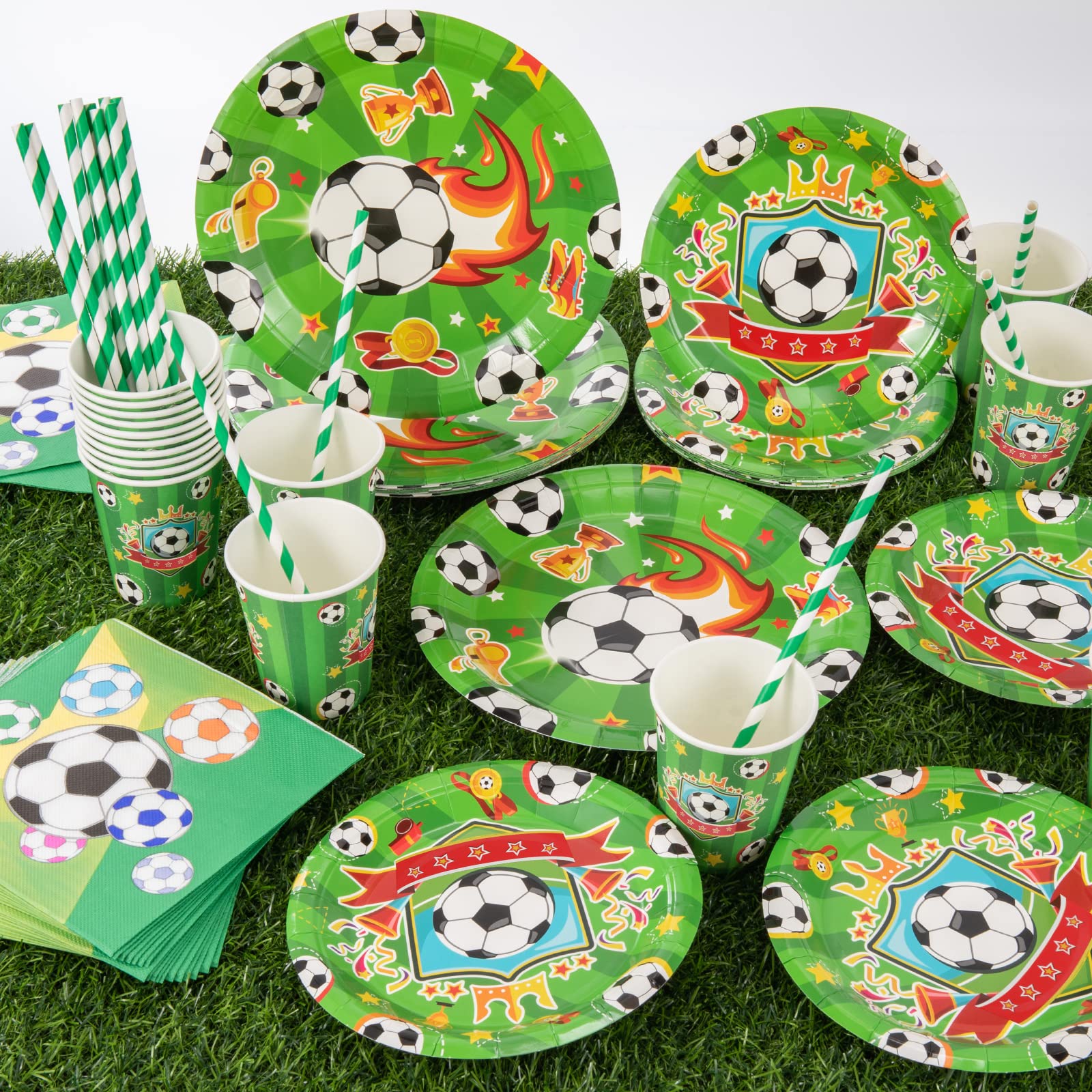 PHOGARY 84 Piezas Decoración Cumpleaños Fútbol, Vajilla Cumpleaños para 16 Personas, Platos, Tazas, Servilletas, Pajillas