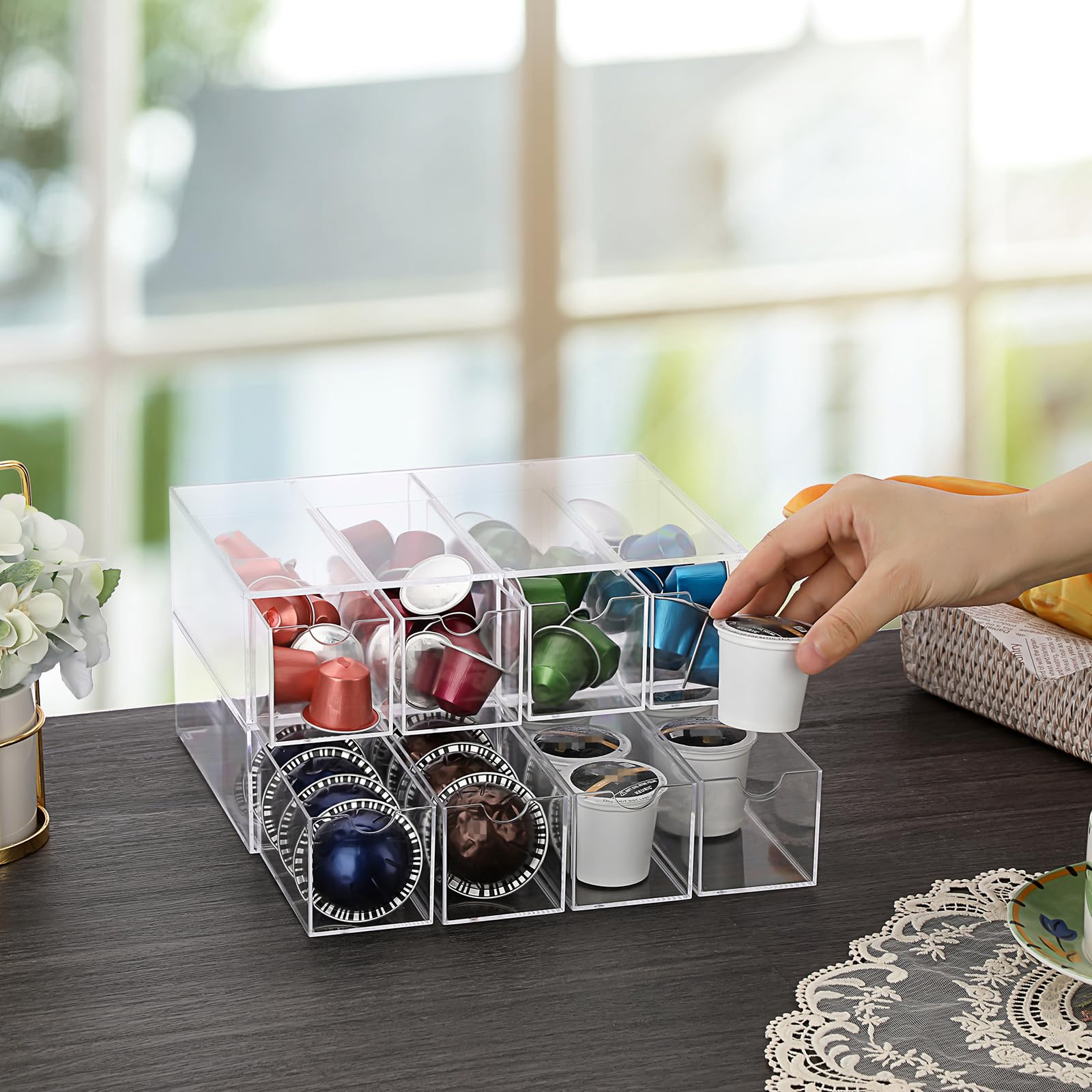 IGNPION 1 caja de almacenamiento de café acrílico para cápsulas de café con 4 cajones, caja de almacenamiento transparente para cápsulas de café de cocina y portabolsas de azúcar con tapa, cajón