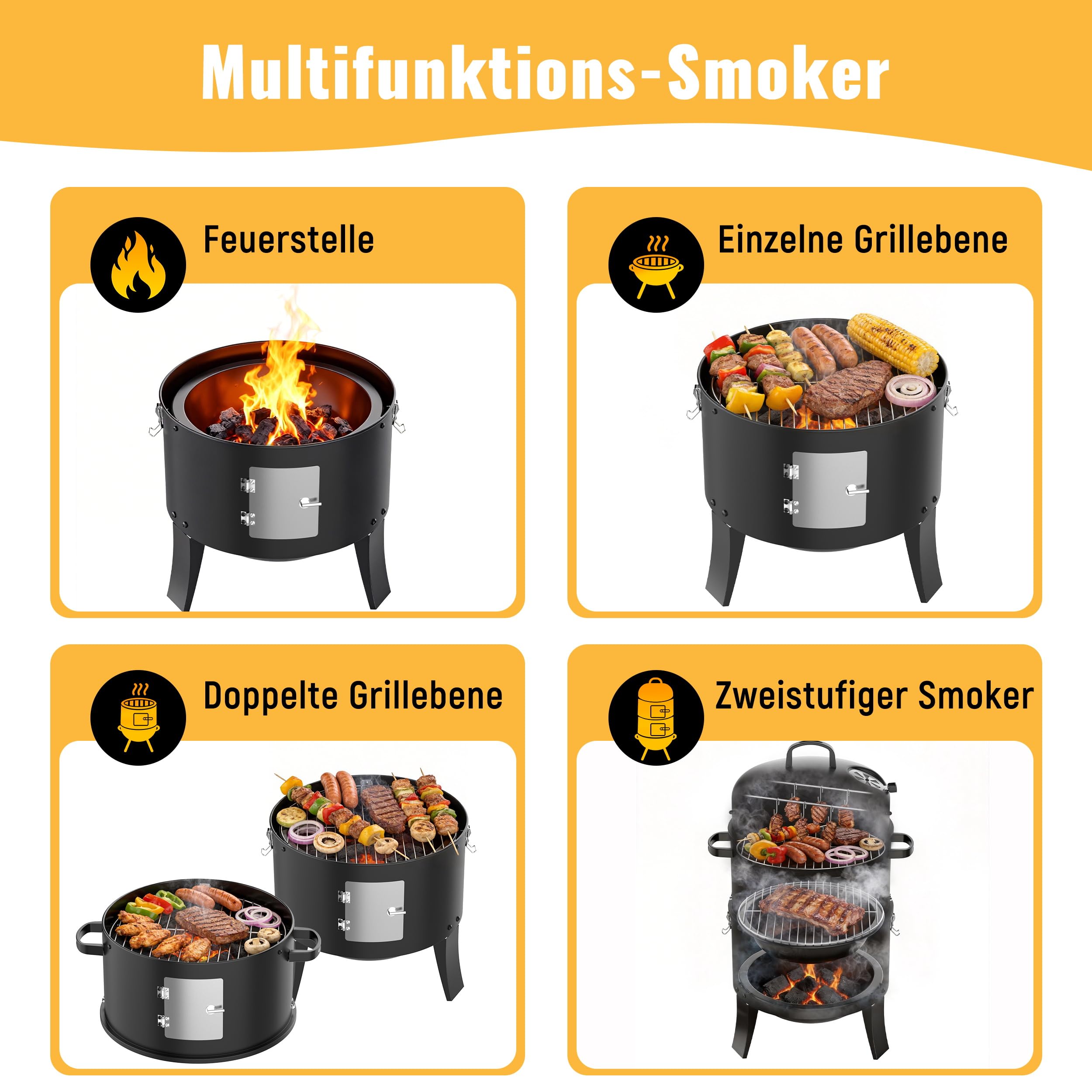 3-in-1 Smoker Grill, Räucherofen und Räuchertonne | Deckelthermometer, verstellbare Luftklappe, als Holzkohle Grill, Smoker und Feuerstelle Outdoor