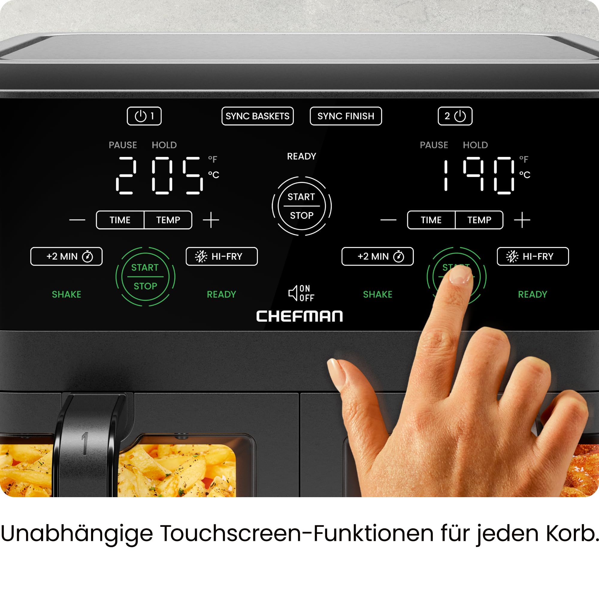 Chefman 5,6L Doppelkorb-Heißluftfritteuse 2100W, Sync-Finish, Hi-Fry