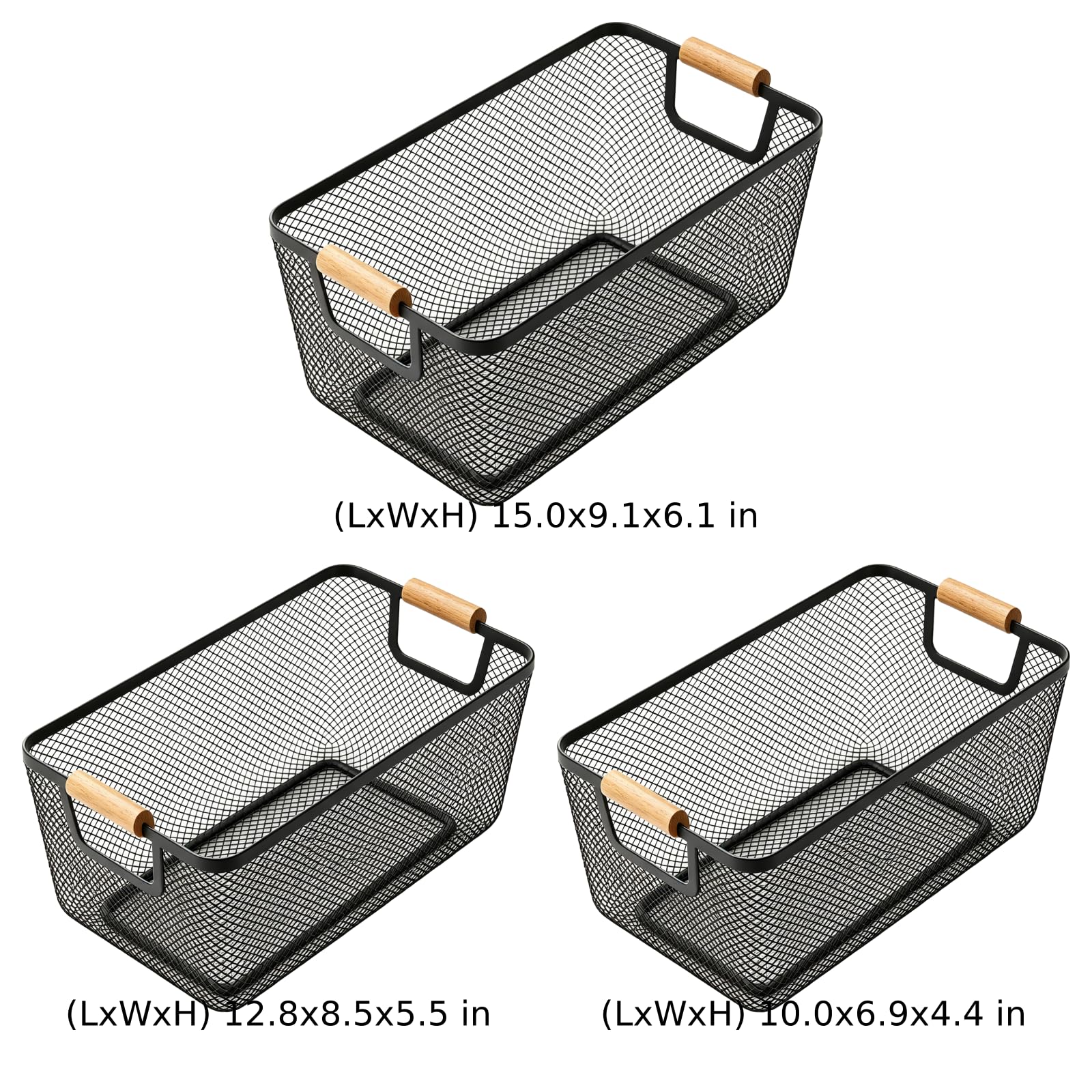 Aufbewahrungskörbe aus Metallgeflecht, rechteckig, mit Holzgriffen, 3 Größen, multifunktionale Aufbewahrungsbehälter für Küchenschrank, Speisekammer, Schrankorganisation (schwarz), 3 Stück