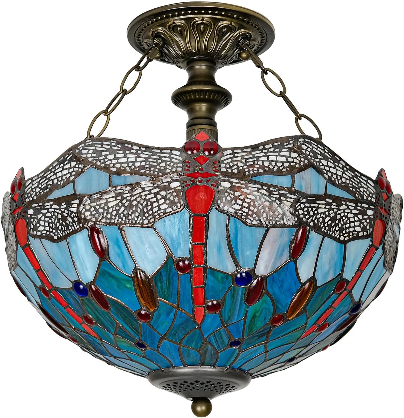 Tiffany Ceiling Light Fixture Sea Blue Stained Glass Red Dragonfly Semi Flush Mount Lamp Wide 16 Inch Height 15 Inch Tiffany Ceiling Lamp