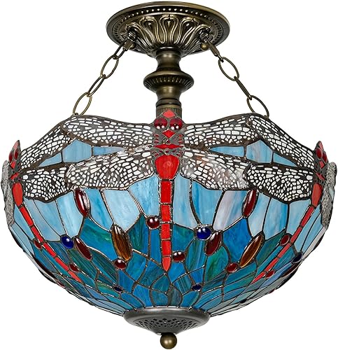 Miniatura 10 de Lámpara de techo Tiffany con vidrieras verdes de glicinia, montaje semi empotrado, lámpara amplia de 16 pulgadas de ancho y 15 pulgadas de altura,
