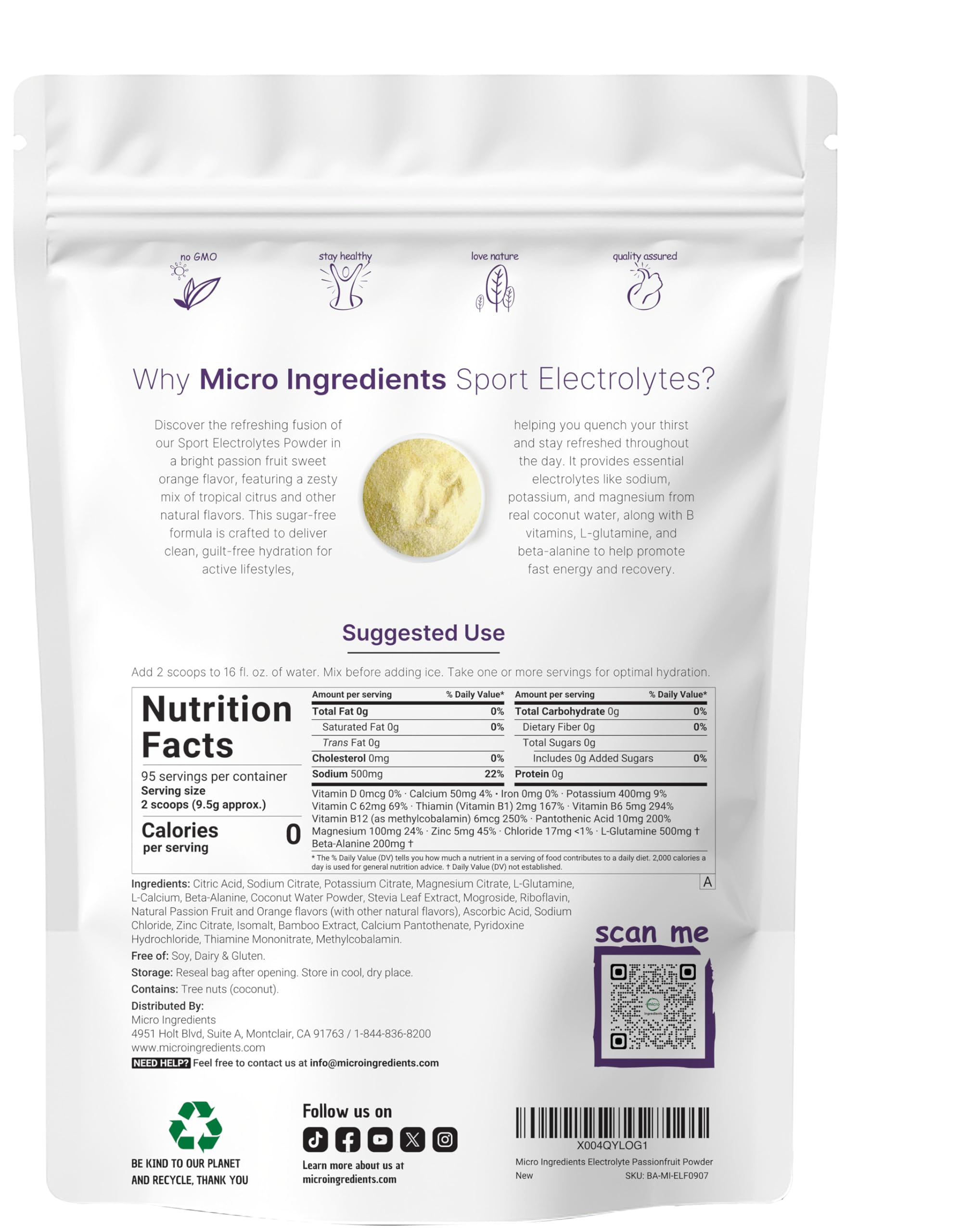 Micro Ingredients Electrolytes Powder, 2 lbs | 95 Servings | Sugar Free Workout Hydration | Potassium, Sodium, L-Glutamine, Beta-Alanine, & More | Natural Coconut Water | Passion Fruit & Citrus Flavor — Amazon image 2
