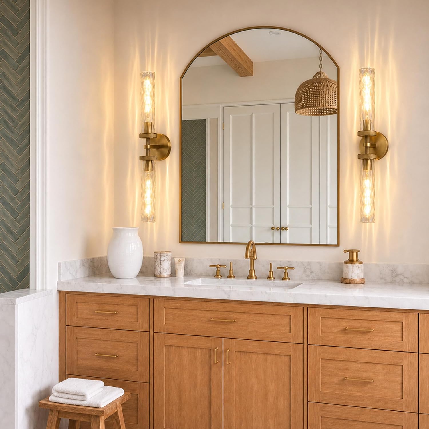 Bathroom Sconce 24in Brass Sconce with Water Ripple Glass image 2