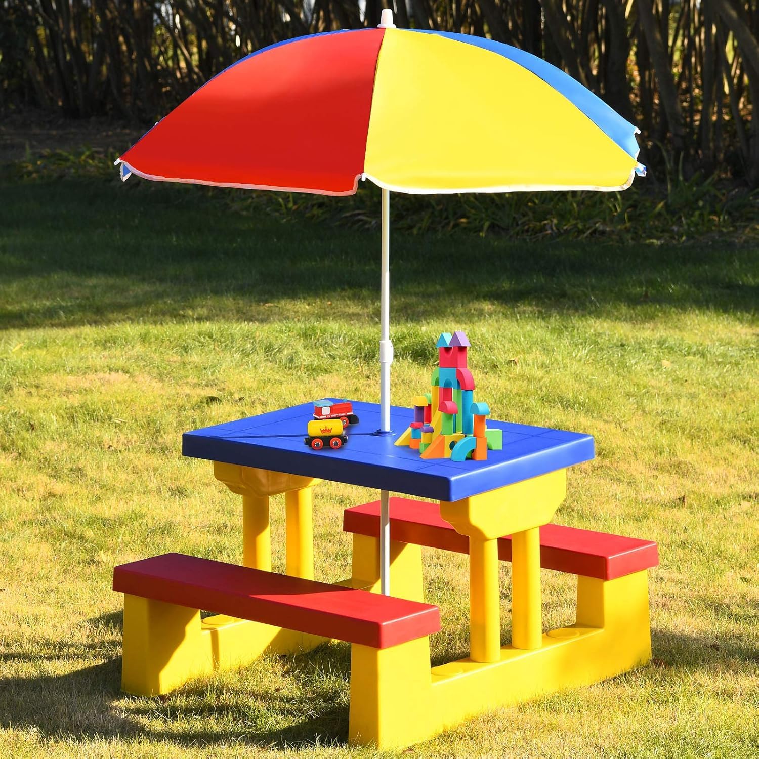 COSTWAY Tavolo da Picnic per Bambini con Parasole Pieghevole, Set di Tavolo e Panche per Festa e Picnic (Colore 1)