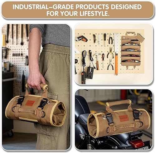 Miniatura 5 de Bolsa de herramientas enrollable, organizador de herramientas portátil resistente con 2 bolsas desmontables y 4 compartimentos, rollo de
