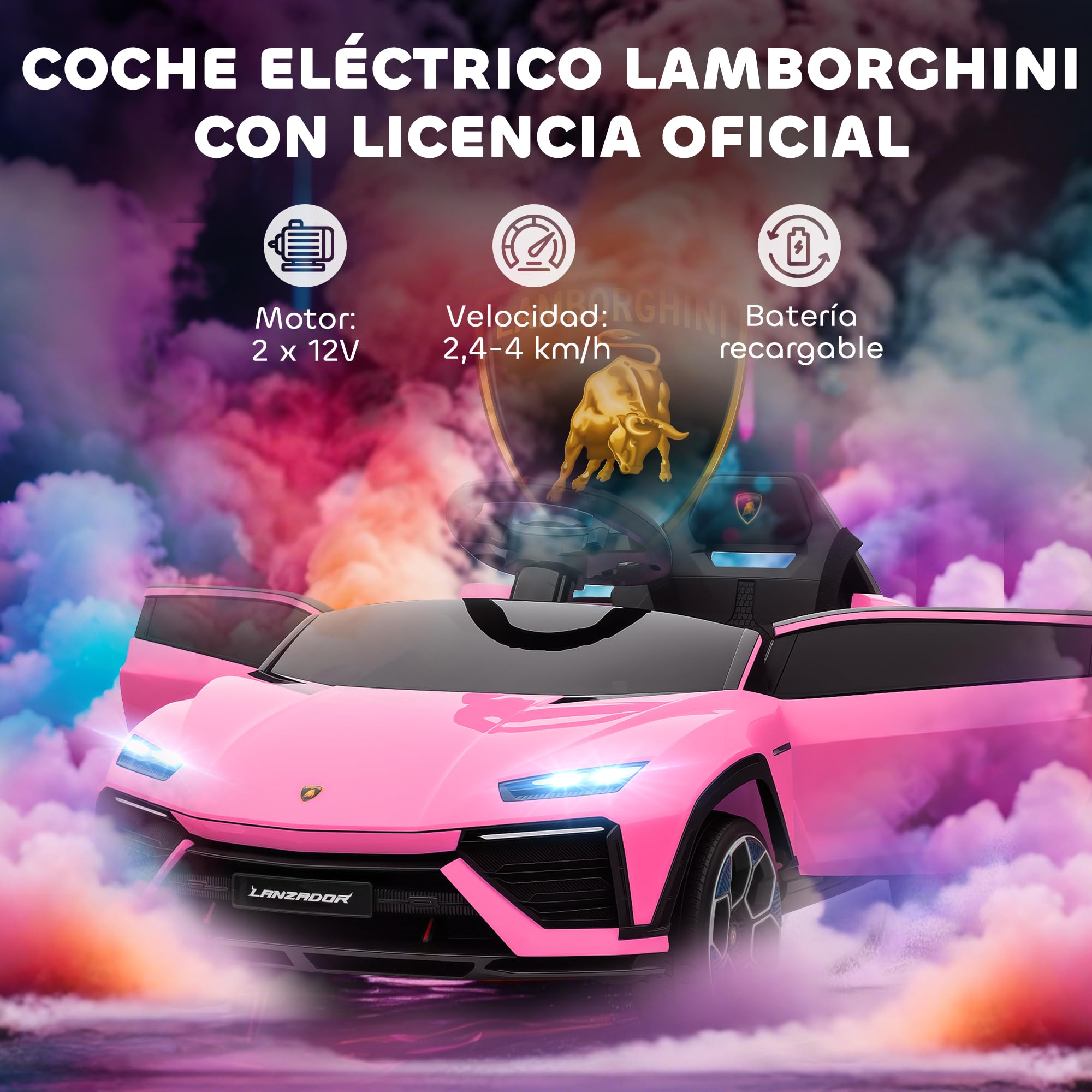 AIYAPLAY Coche Eléctrico para Niños de +3 Años, Lamborghini, Coche de Batería 12V, con Mando a Distancia 2,4 G, Motor Doble, Ruedas con Suspensión, Faros, Música, USB, Rosa
